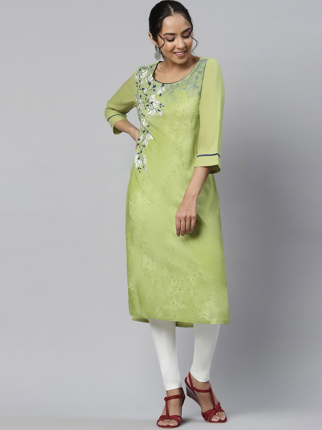 

AURELIA Women Lime Green Floral Yoke Design Kurta
