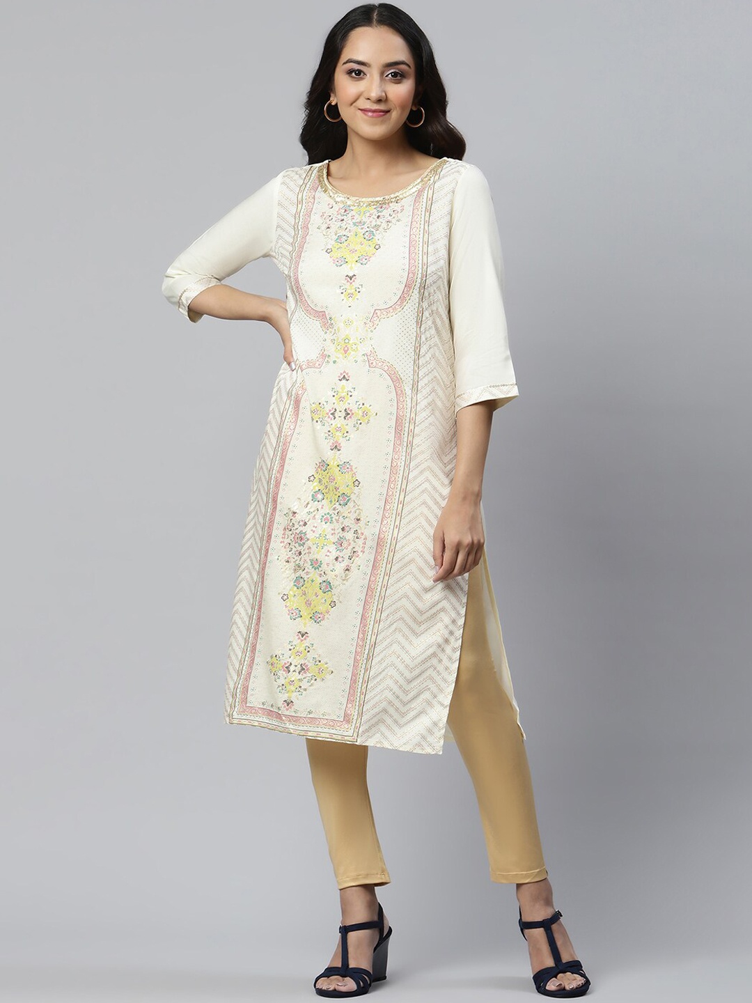 

AURELIA Women Ethnic Motifs Printed Floral Kurta, White