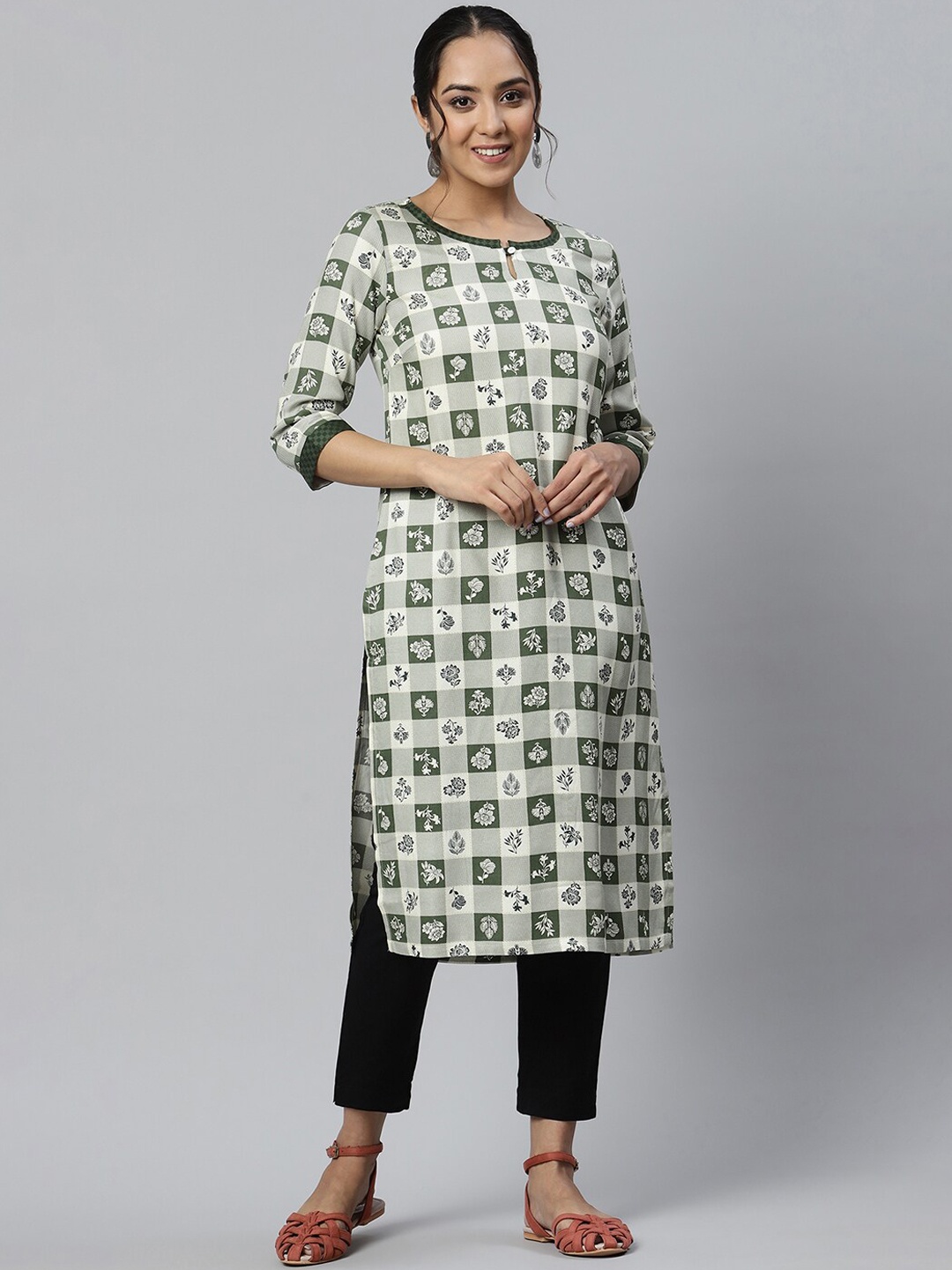 

AURELIA Women Checker & Floral Printed Keyhole Neck Rayon Twill Straight Kurta, Green