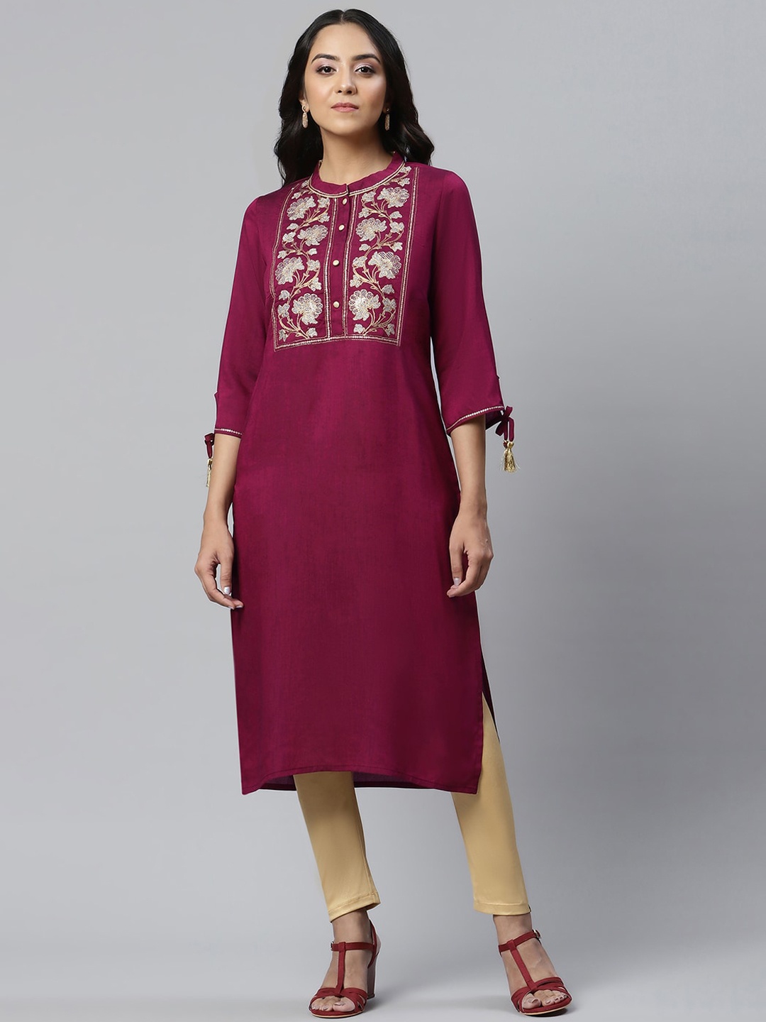 

AURELIA Women Floral Yoke Design Asymmetric Kurta, Fuchsia