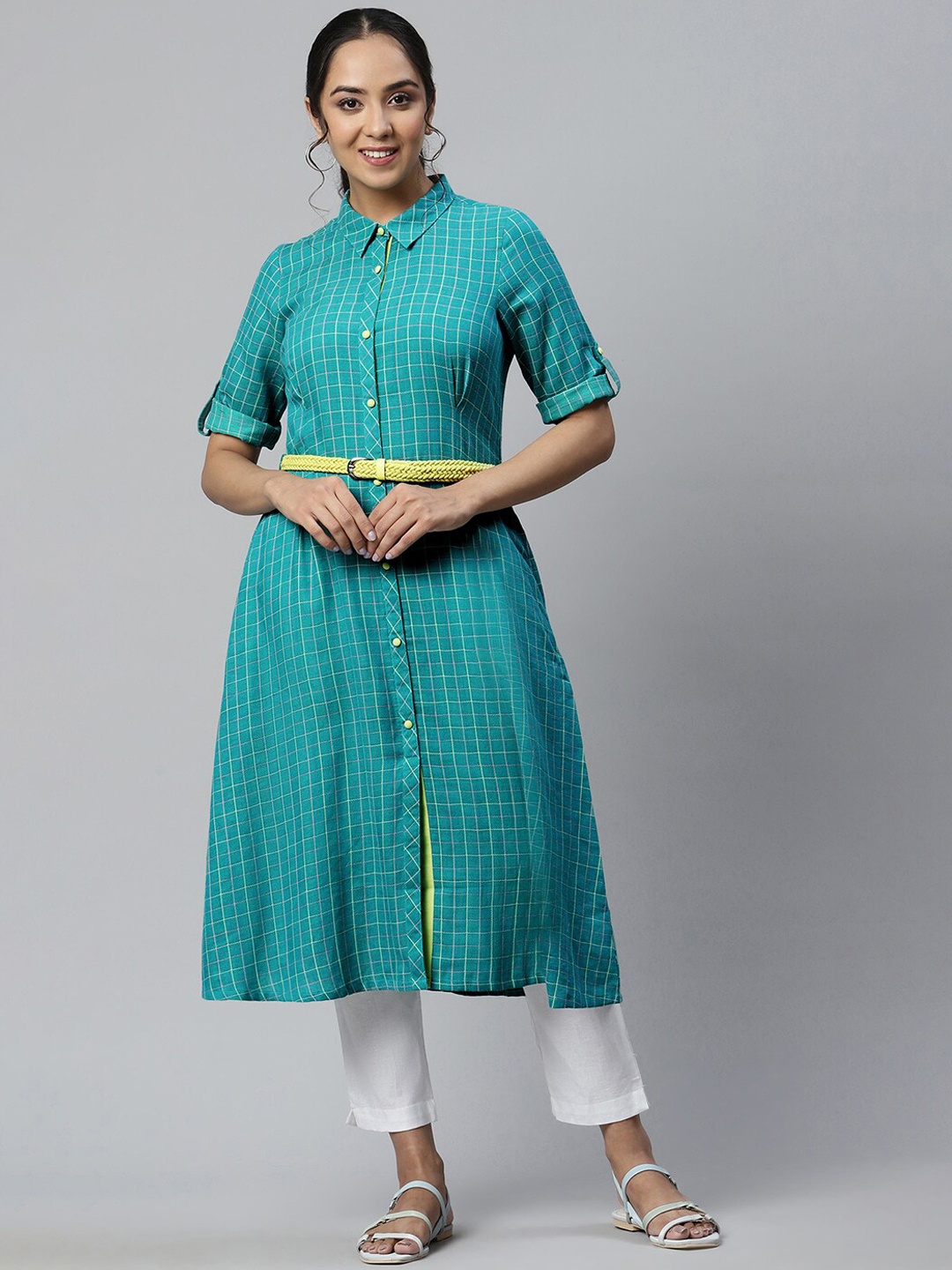 

AURELIA Women Checked Kurta, Green