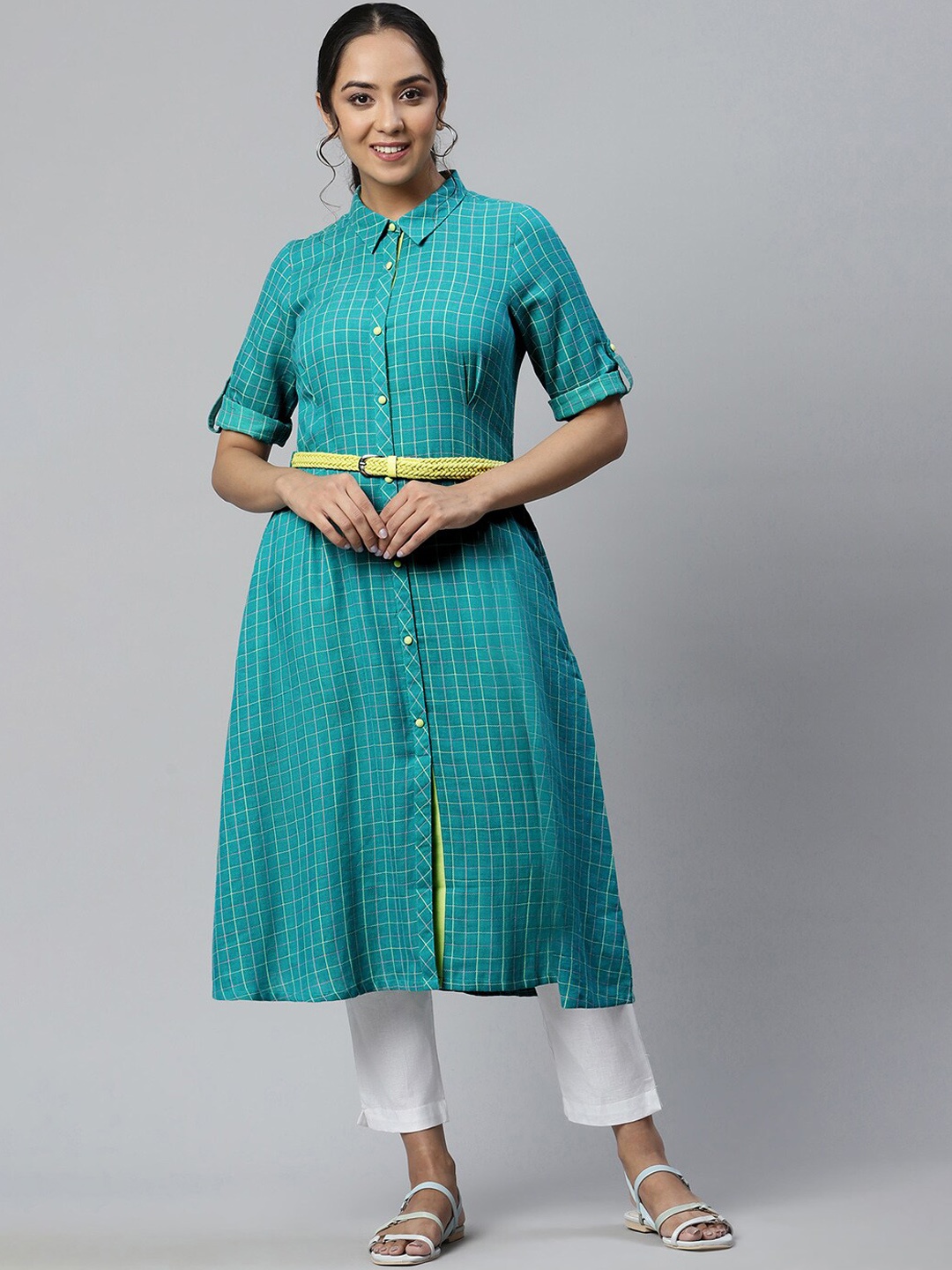 

AURELIA Women Checked Kurta, Green