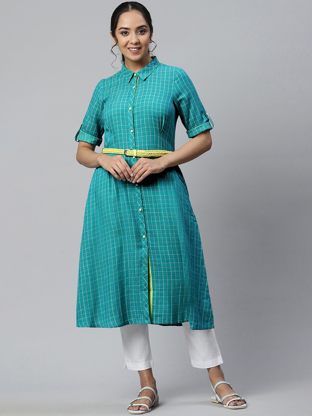 

AURELIA Women Checked Kurta, Green
