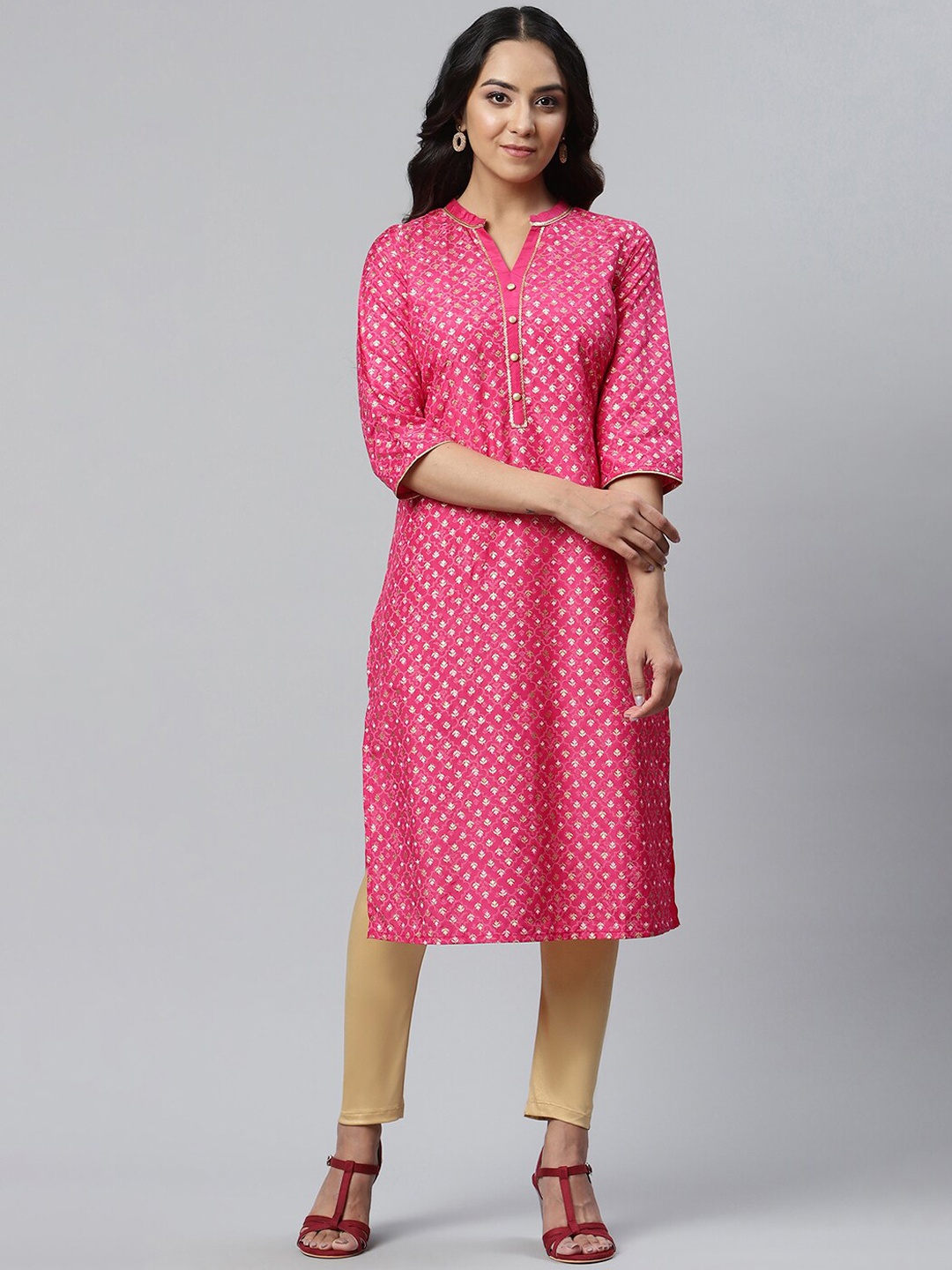 

AURELIA Women Ethnic Motifs Printed Floral Handloom Kurta, Pink