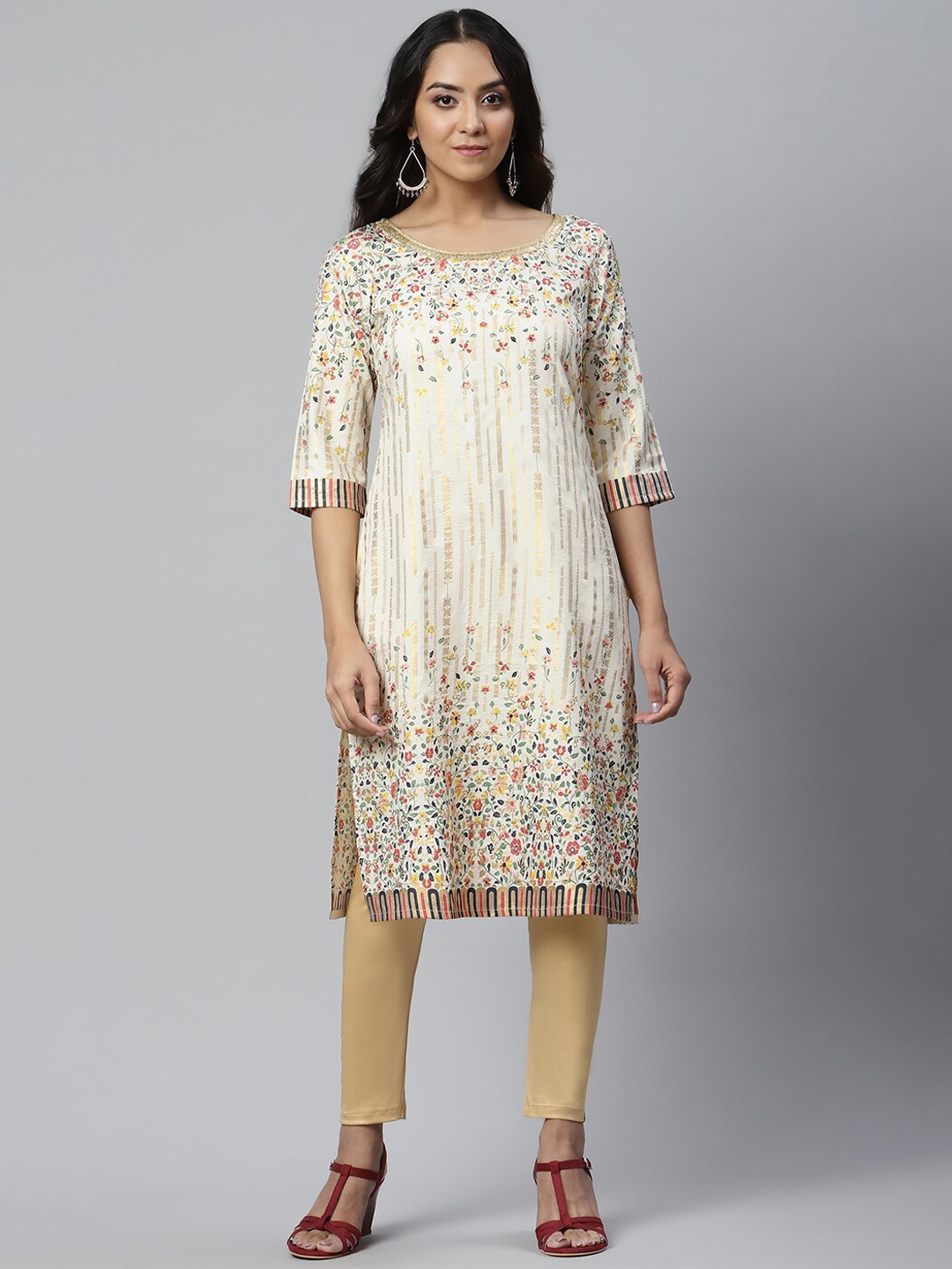 

AURELIA Women Beige Printed Floral Handloom Kurta
