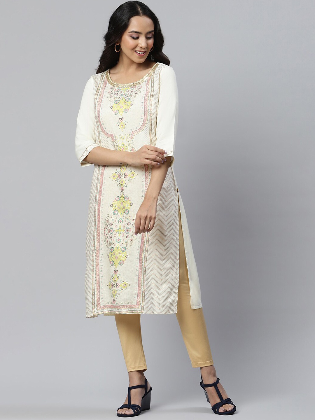 

AURELIA Women Ethnic Motifs Printed Floral Kurta, White