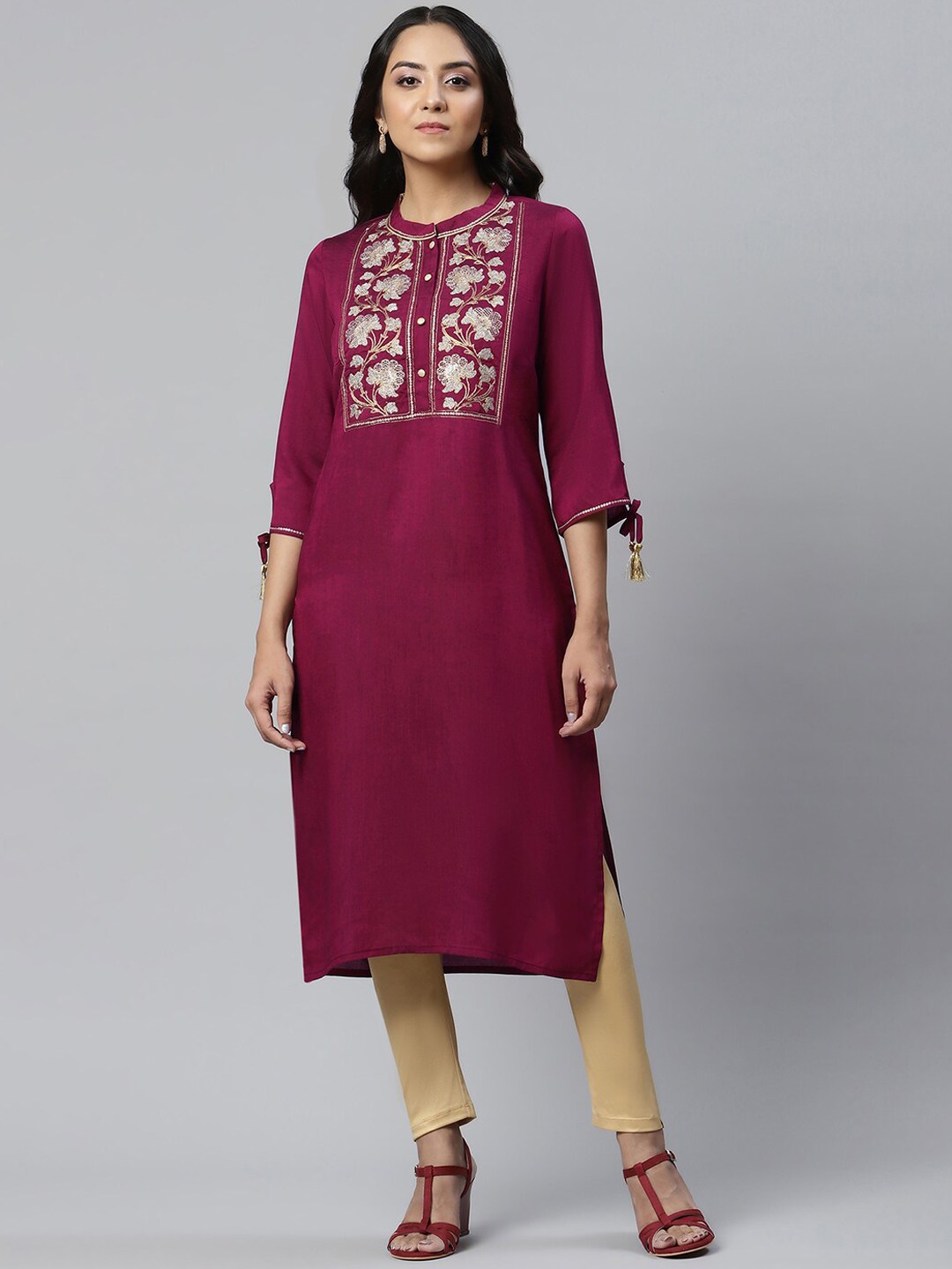 

AURELIA Women Floral Yoke Design Asymmetric Kurta, Pink