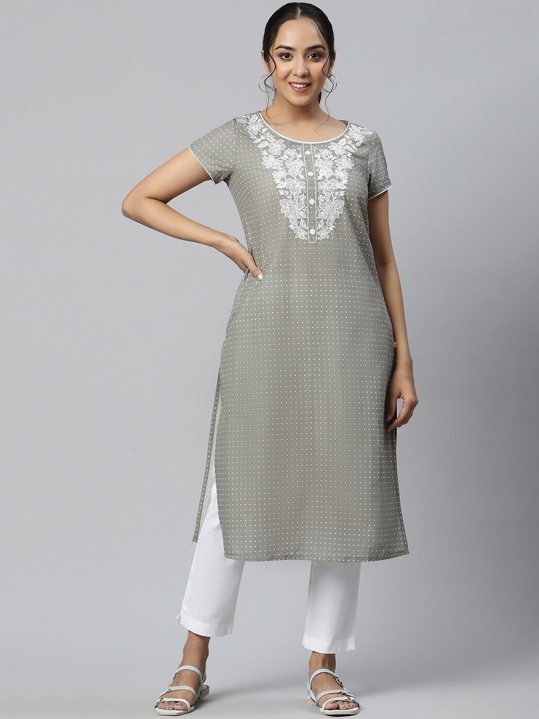

AURELIA Women Grey Yoke Design Asymmetric Kurta