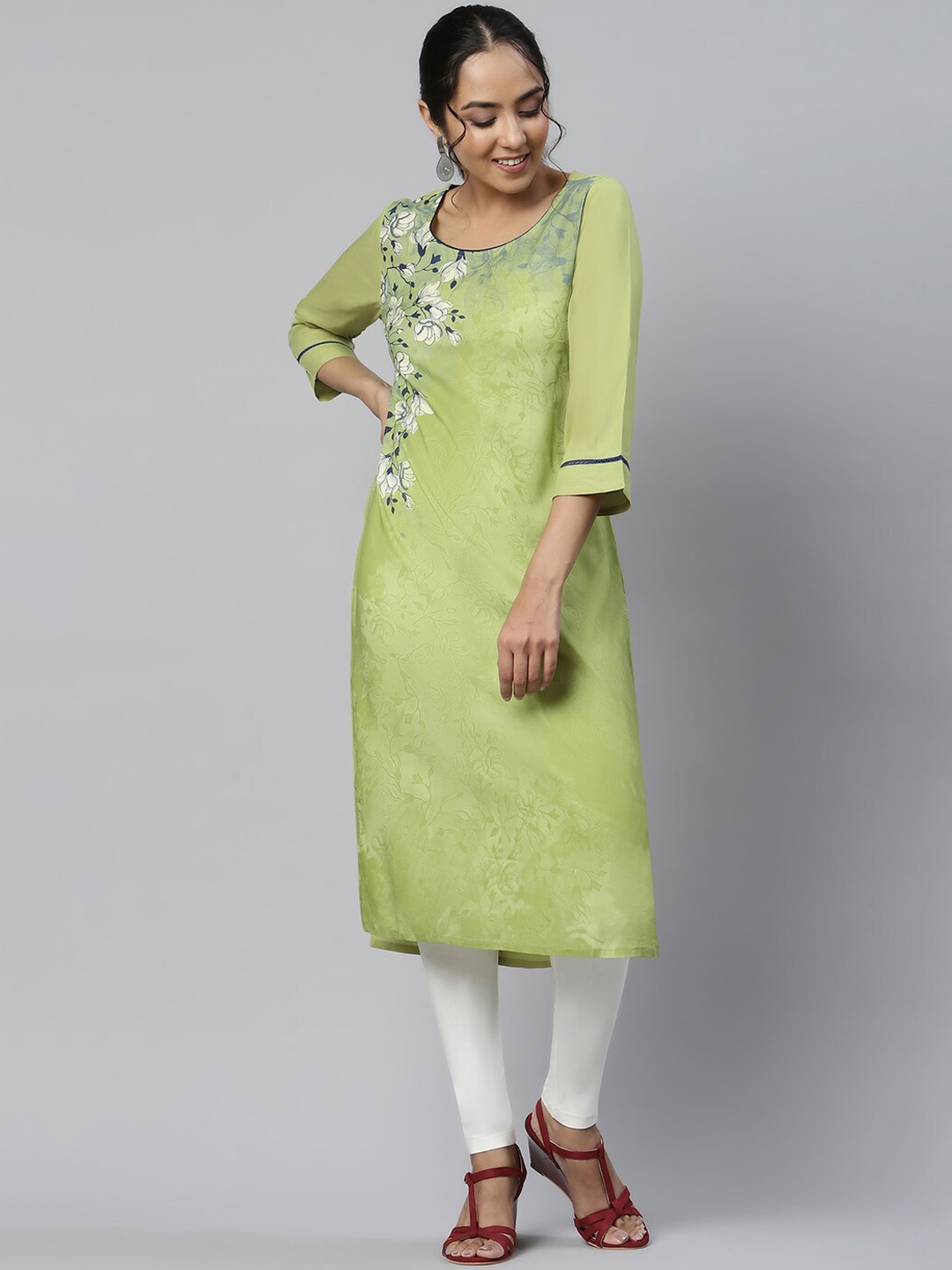 

AURELIA Women Green Floral Printed Straight Liva Kurta