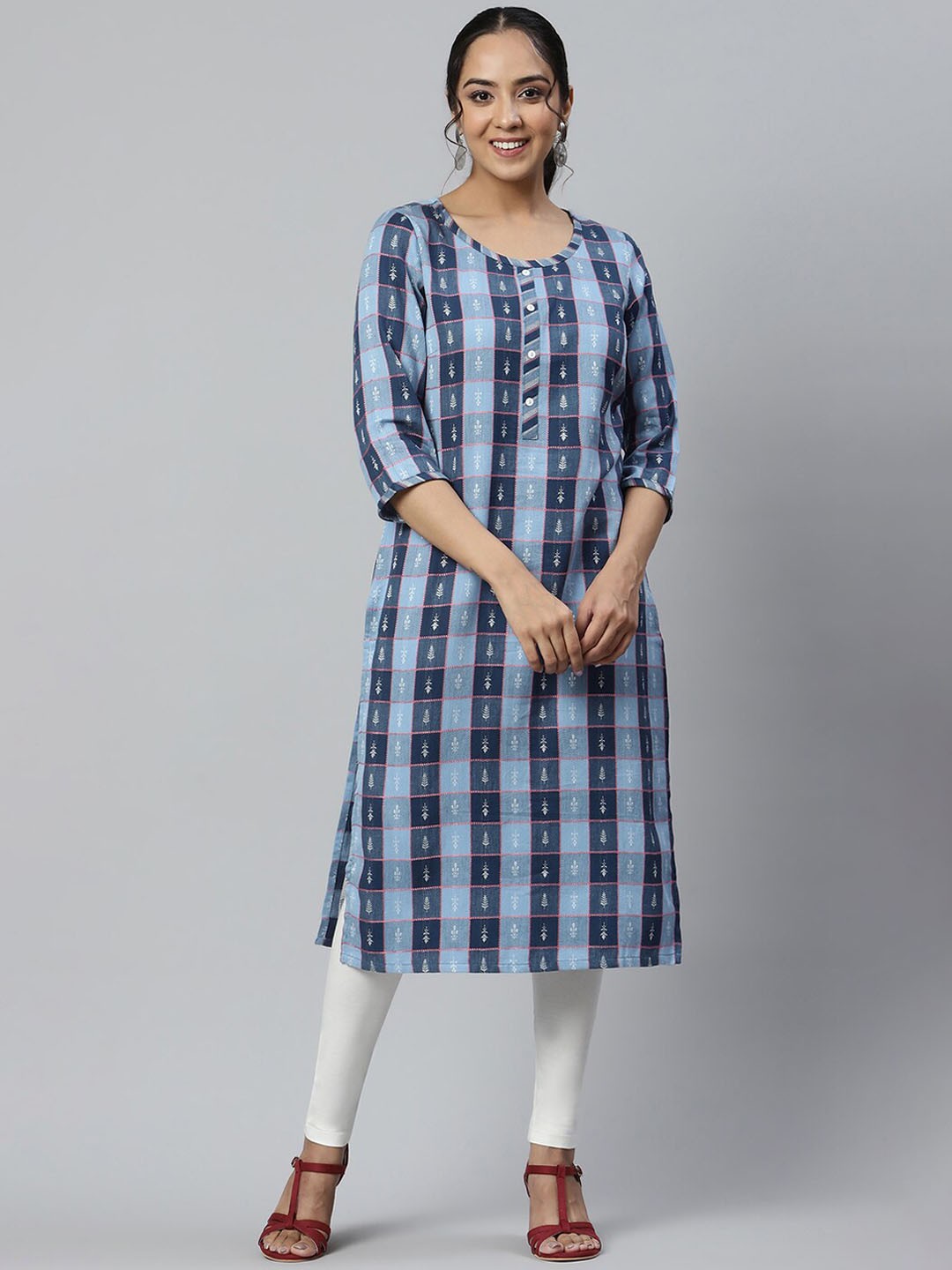 

AURELIA Women Blue Checked Regular Kurta