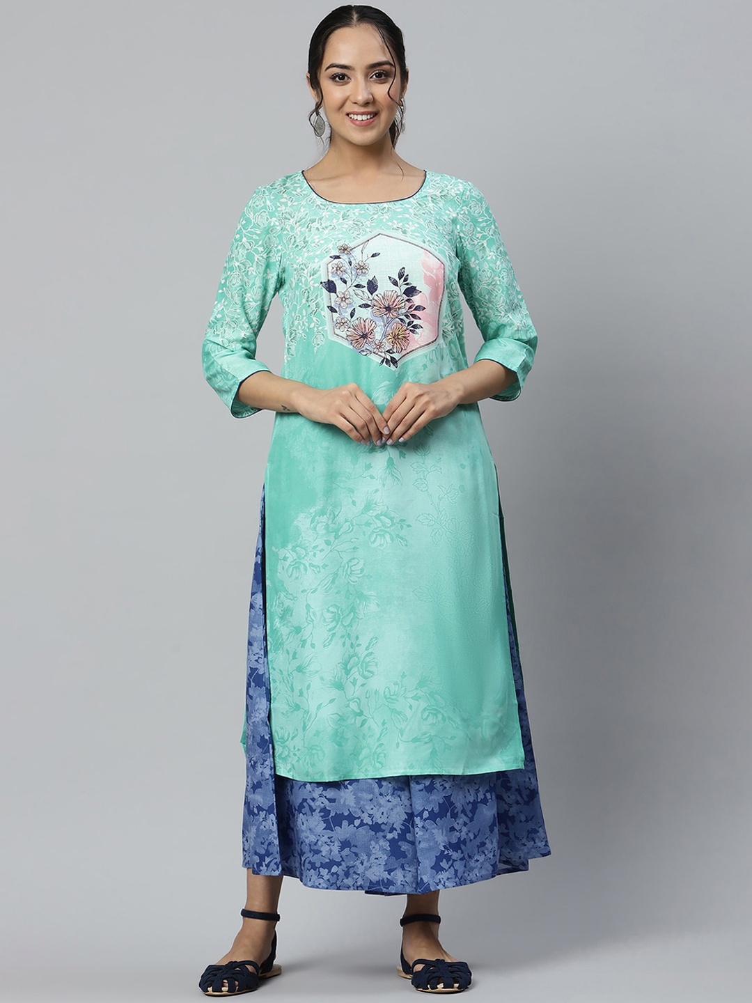 

AURELIA Women Green Floral Woven Design Kurta