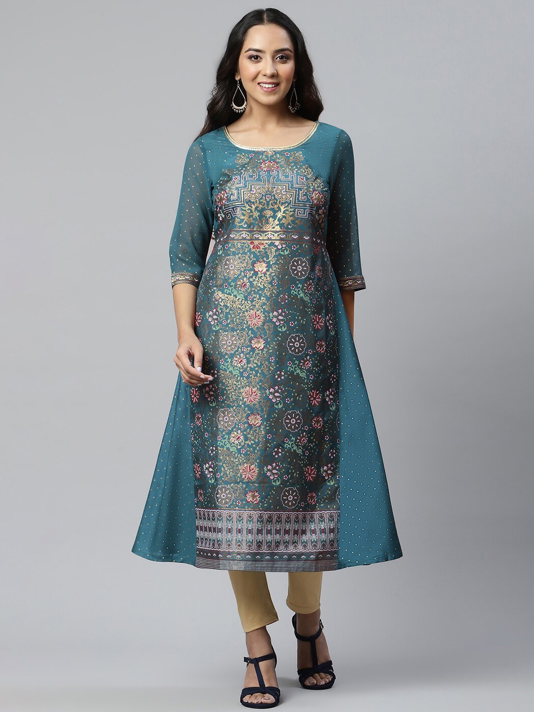 

AURELIA Women Blue Floral Woven Design Kurta