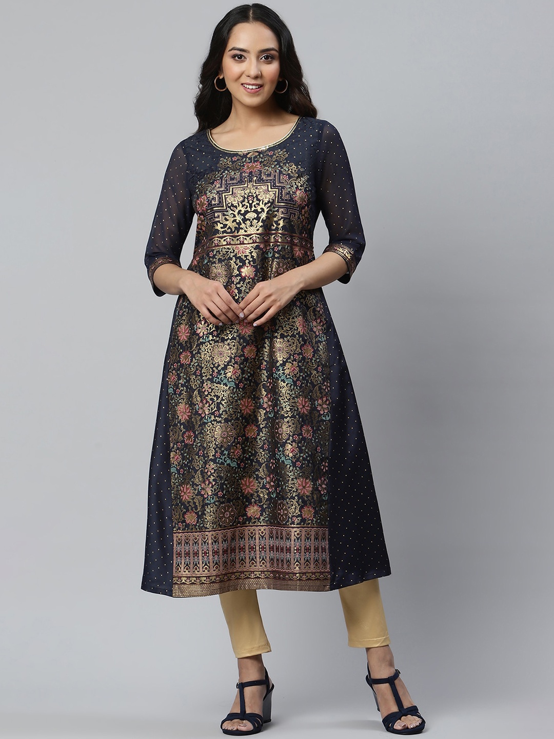 

AURELIA Women Blue & Gold-Toned Floral Anarkali Kurta