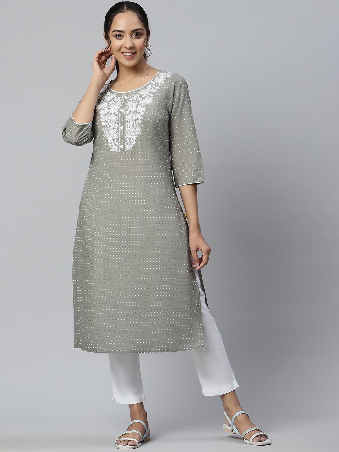

AURELIA Women Grey Geometric Flared Sleeves Thread Work Asymmetric Kurta