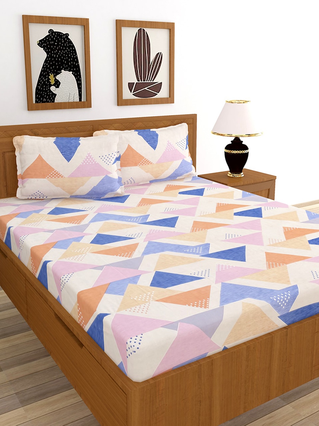 

MORADO White & Blue Geometric 180 TC King Bedsheet with 2 Pillow Covers