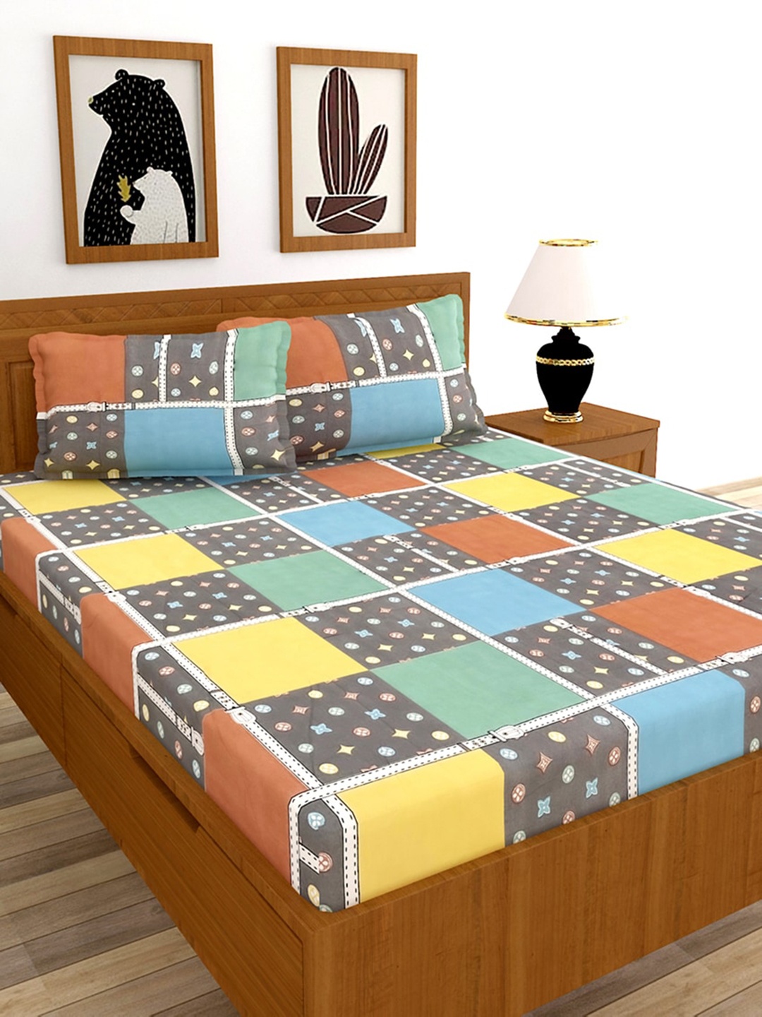 

MORADO Yellow & Brown Geometric 180 TC King Bedsheet with 2 Pillow Covers
