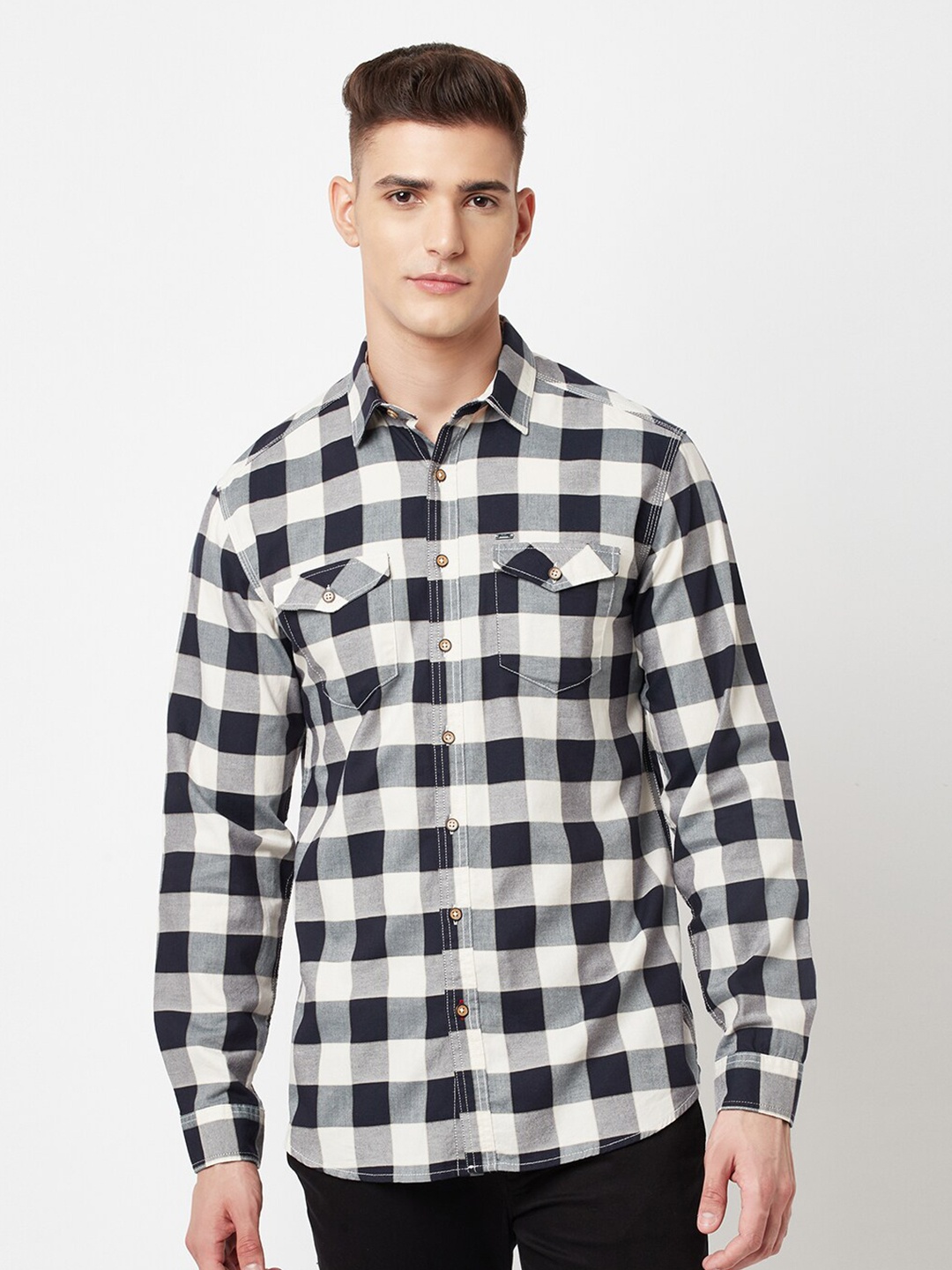 

Blue Buddha Men Black & White Buffalo Checked Cotton Casual Shirt