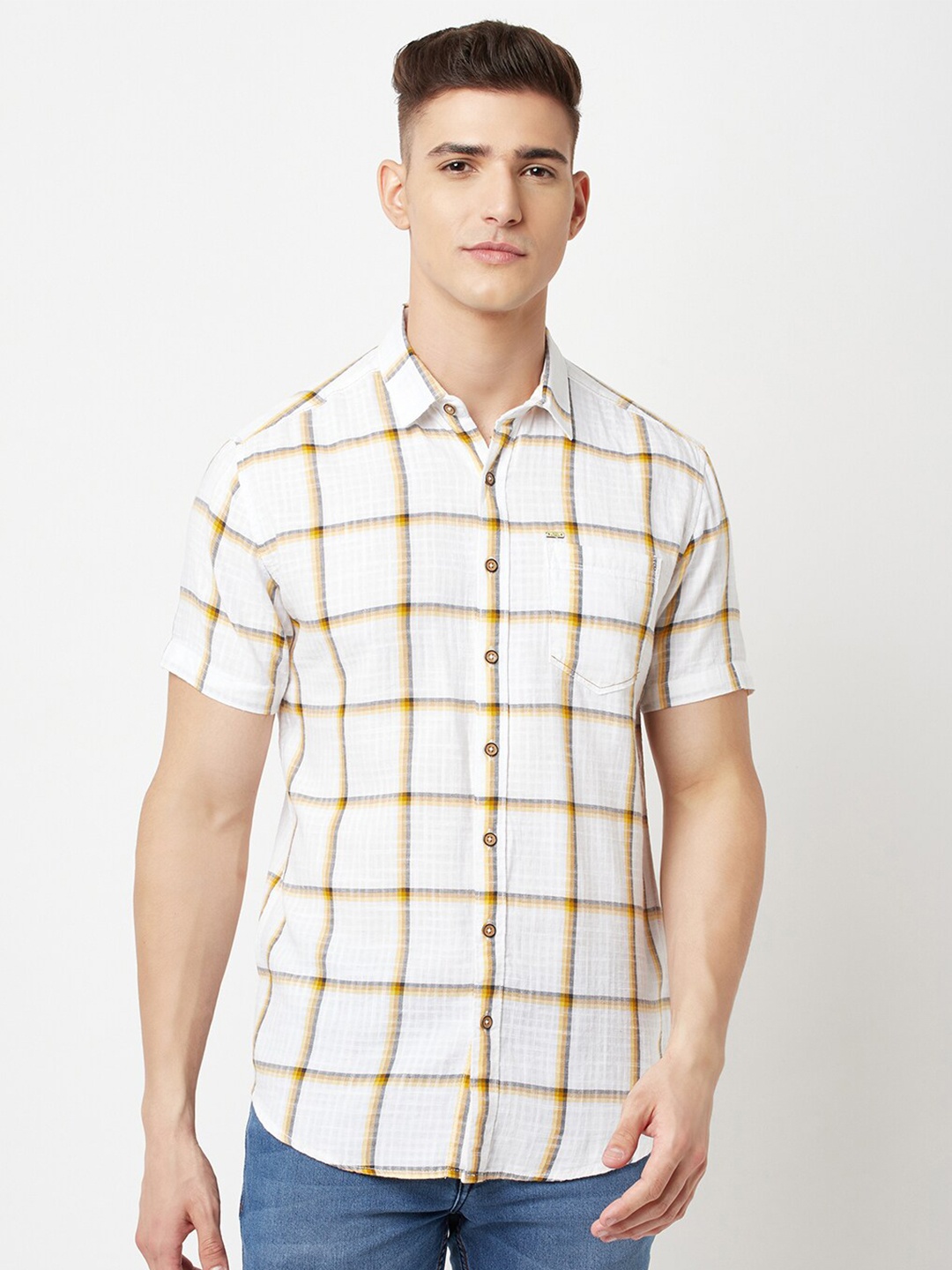 

Blue Buddha Men Mustard & White Windowpane Checked Cotton Casual Shirt