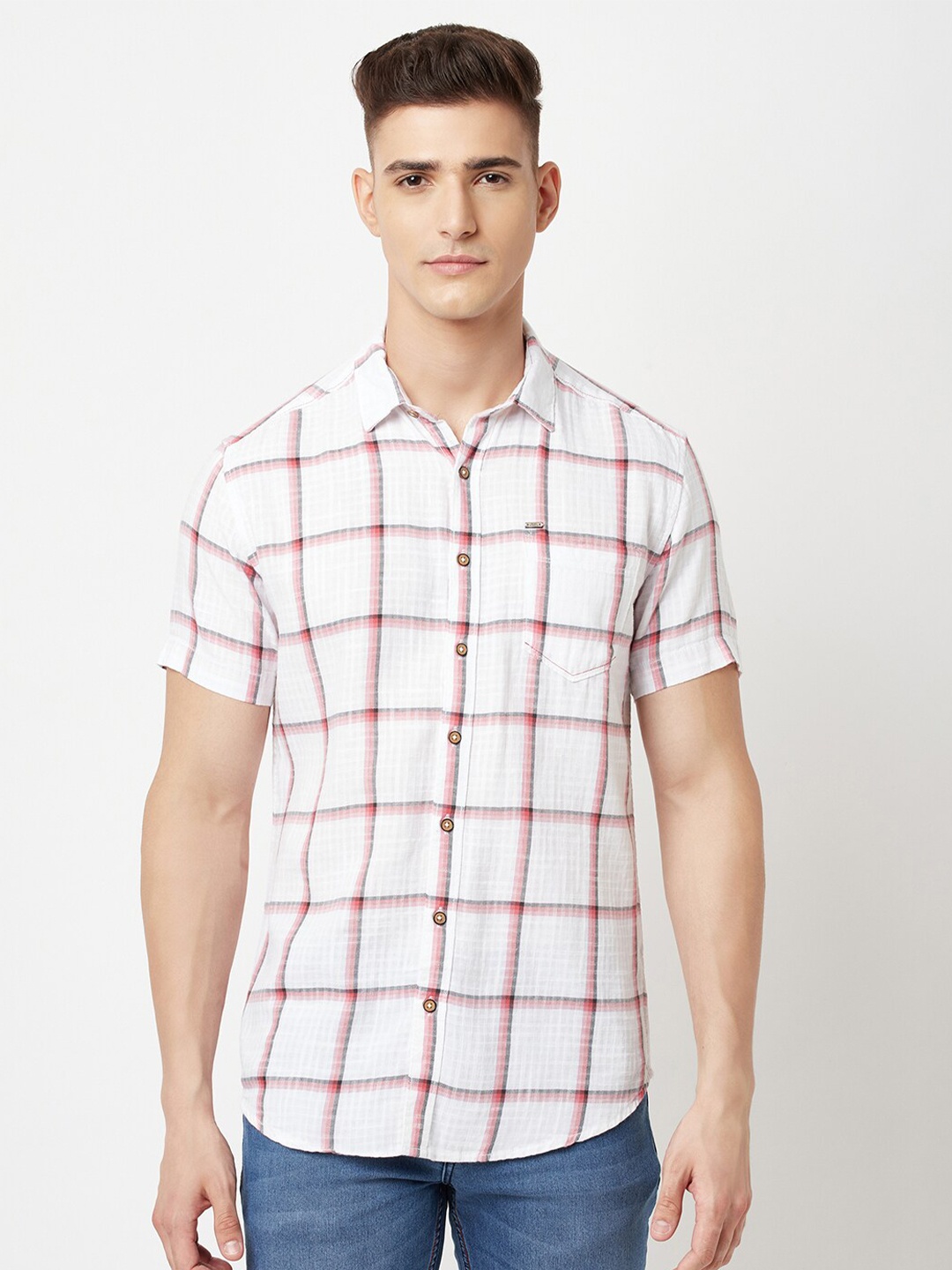 

Blue Buddha Men Pink & White Windowpane Checks Checked Casual Shirt
