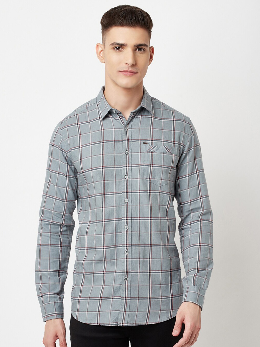 

Blue Buddha Men Grey Regular Fit Checked Casual Shirt