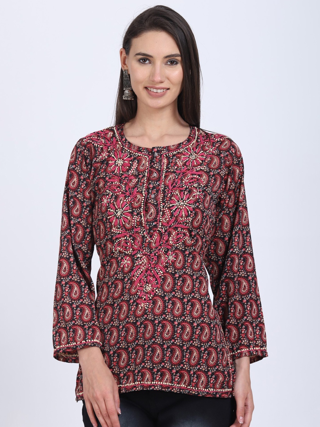 

PARAMOUNT CHIKAN Women Hand Embroidered Chikankari Straight Printed Short Kurta, Pink