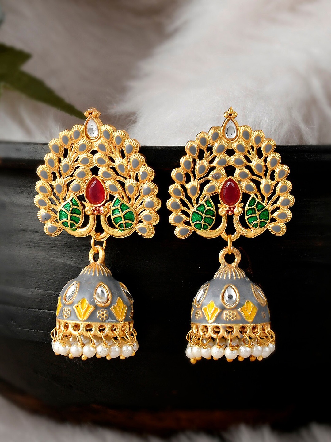 

DASTOOR Grey & Gold Plated Peacock Shaped Jhumkas Earrings