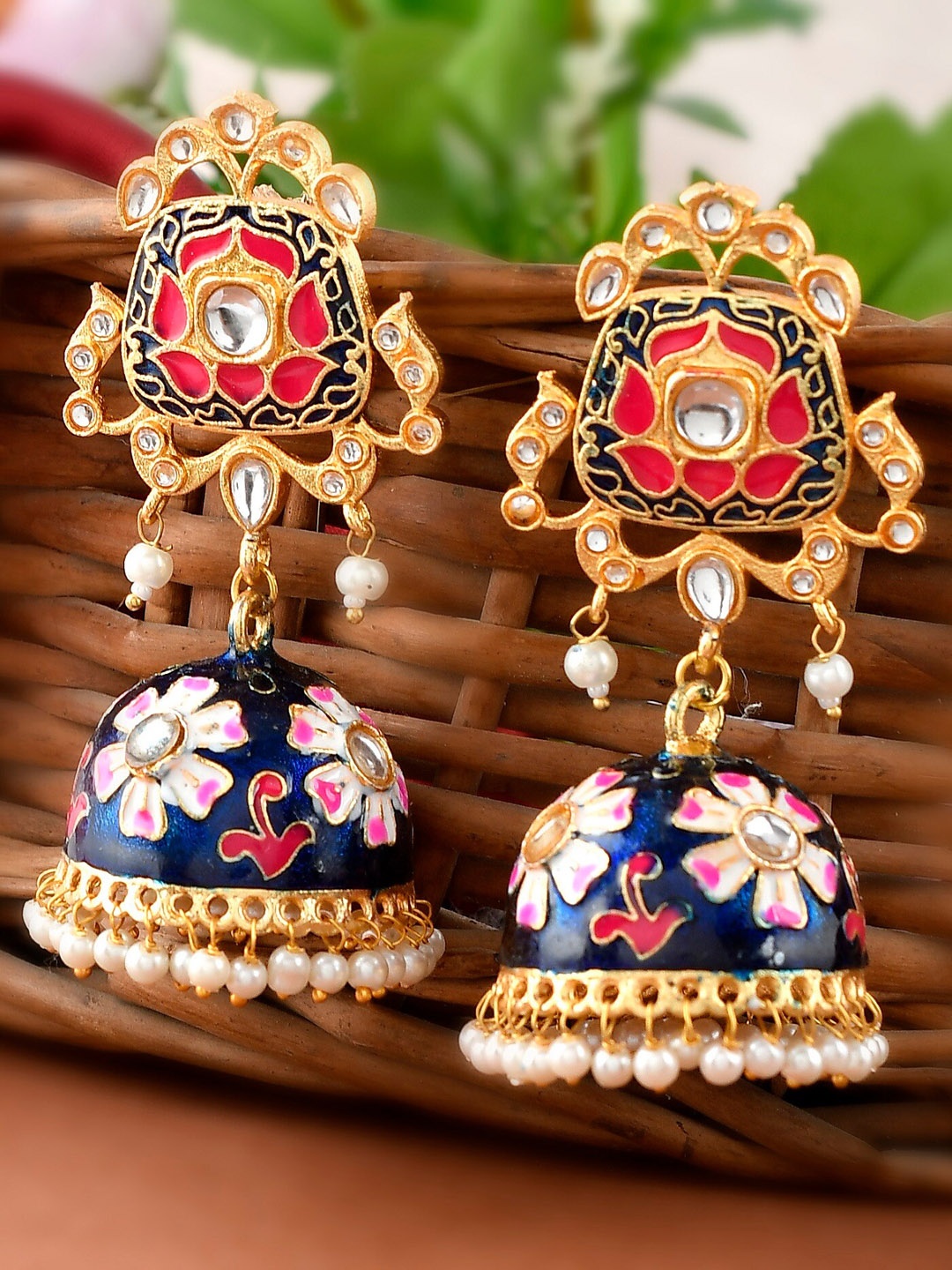 

DASTOOR Gold-Toned & Blue Contemporary Jhumkas Earrings