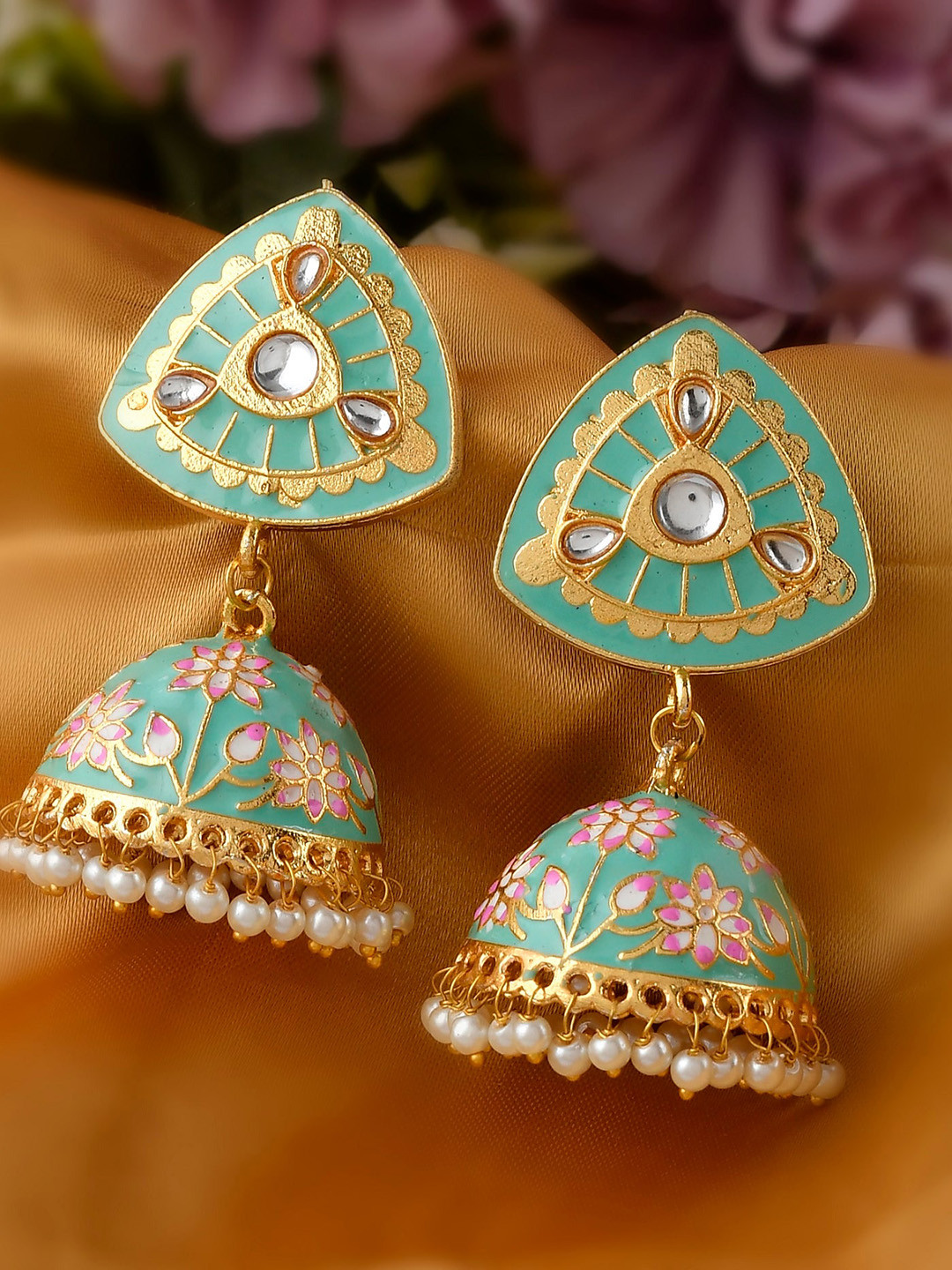 

DASTOOR Sea Green & Pink Gold-Plated Dome Shaped Jhumkas Earrings