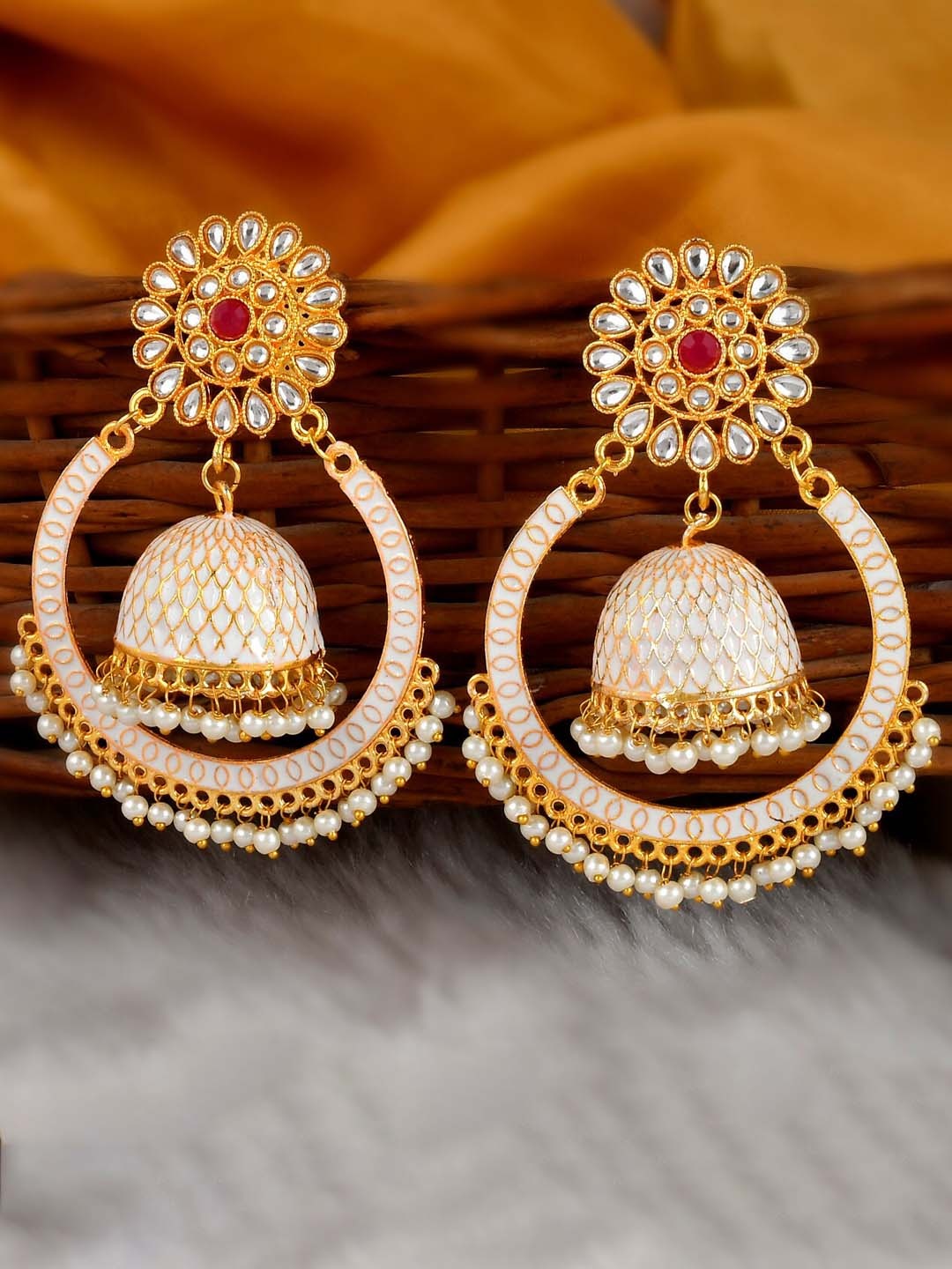

DASTOOR White Gold-Plated Dome Shaped Drop Earrings
