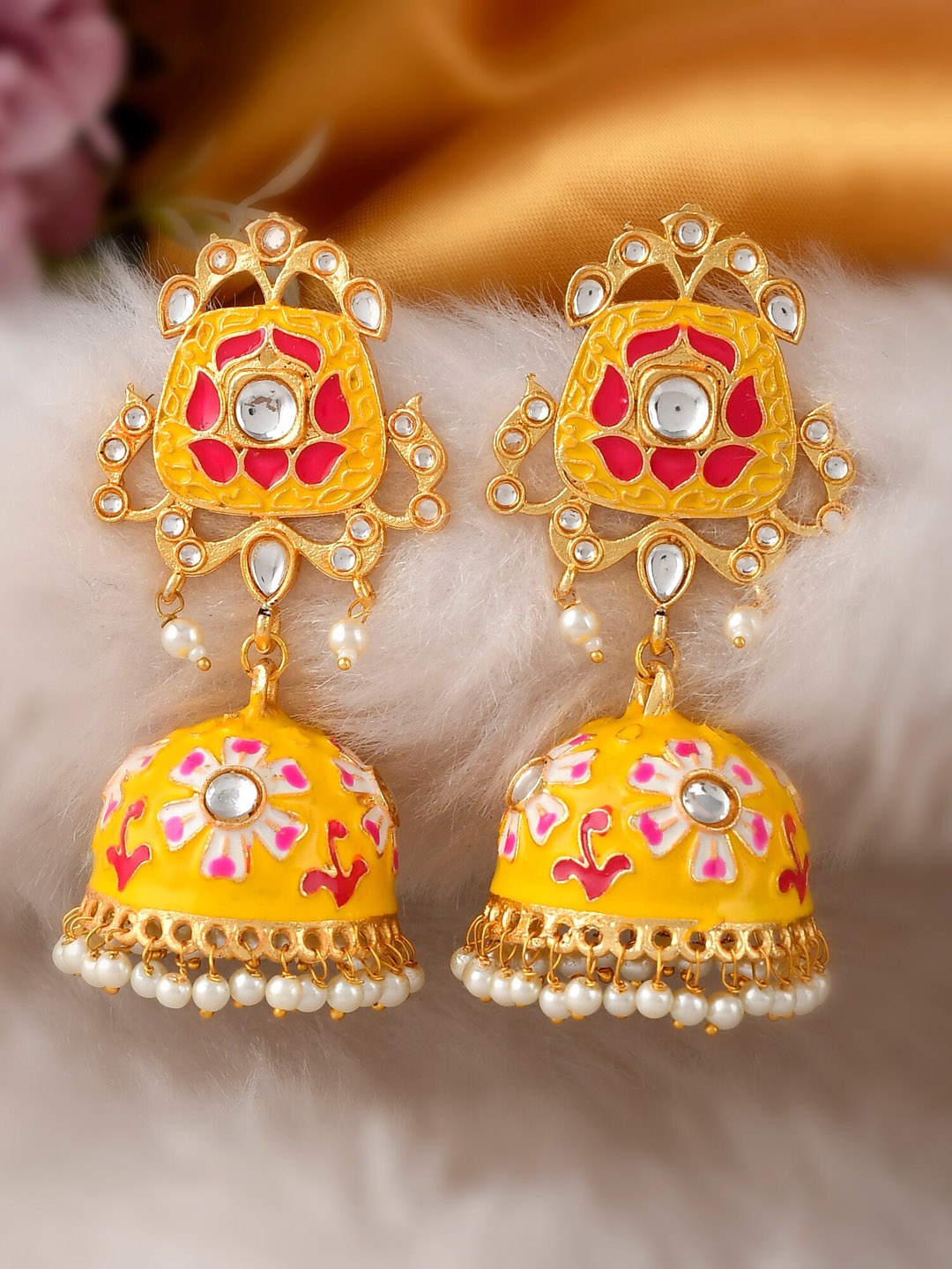 

DASTOOR Yellow & Red Gold Plated Contemporary Jhumkas Earrings