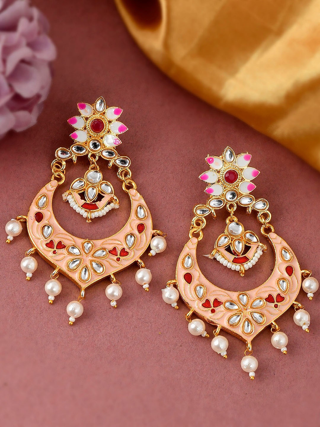 

DASTOOR Peach-Coloured Contemporary Chandbalis Earrings