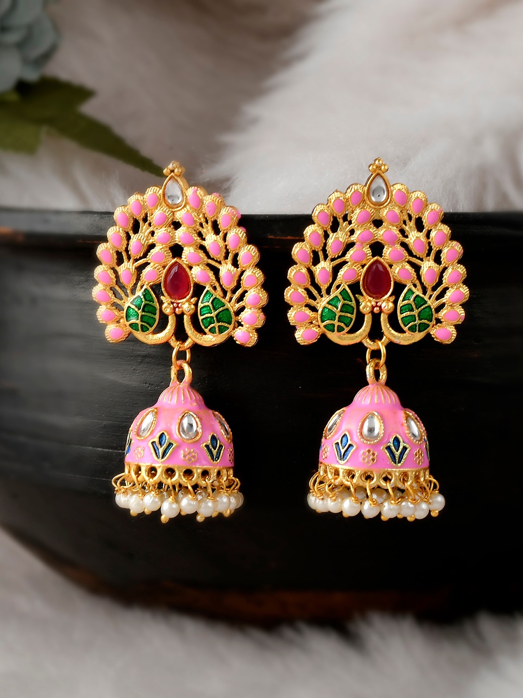 

DASTOOR Pink & Gold-Plated Contemporary Jhumkas Earrings