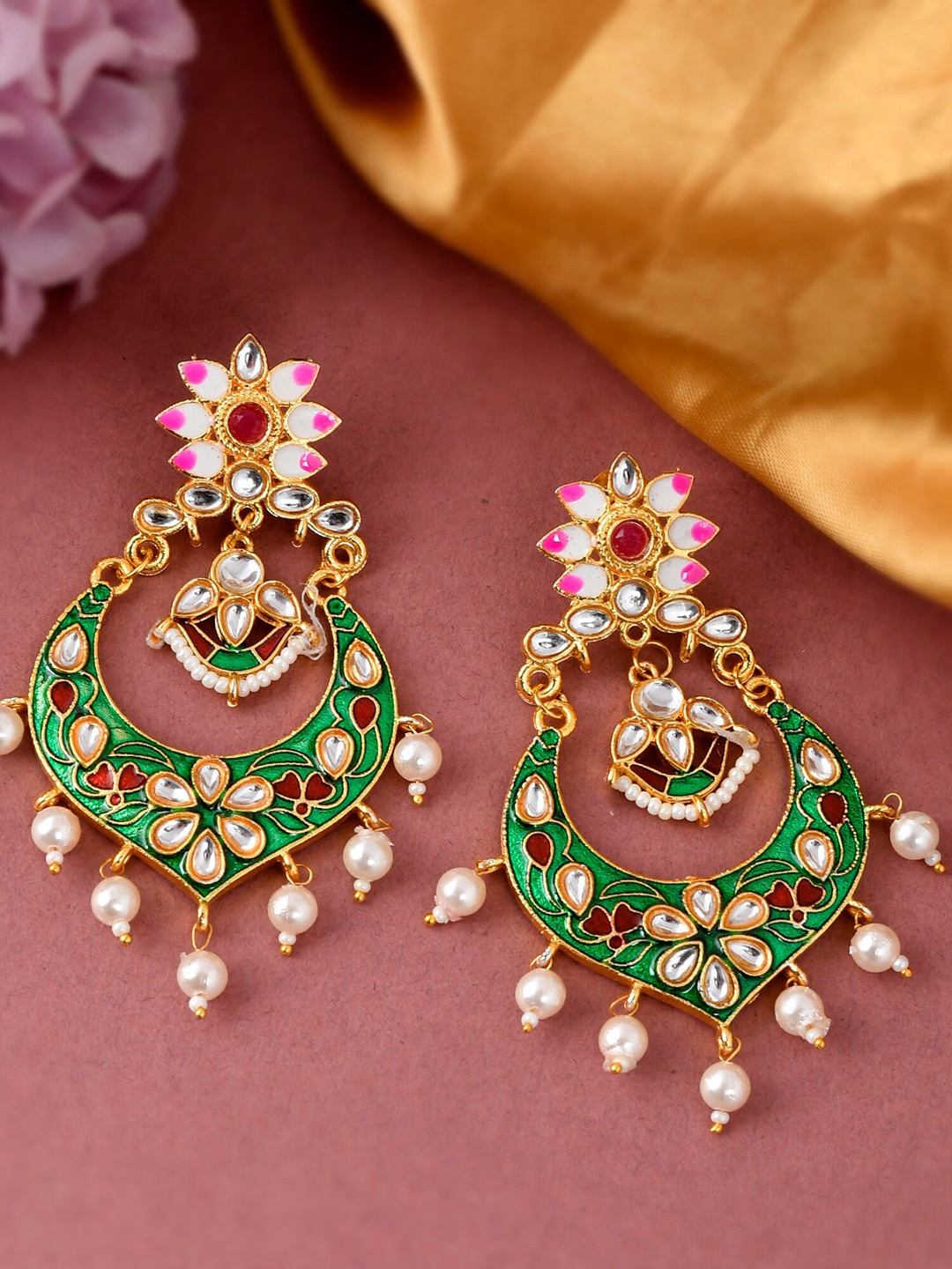

DASTOOR Green & Gold Plated Contemporary Chandbalis Earrings