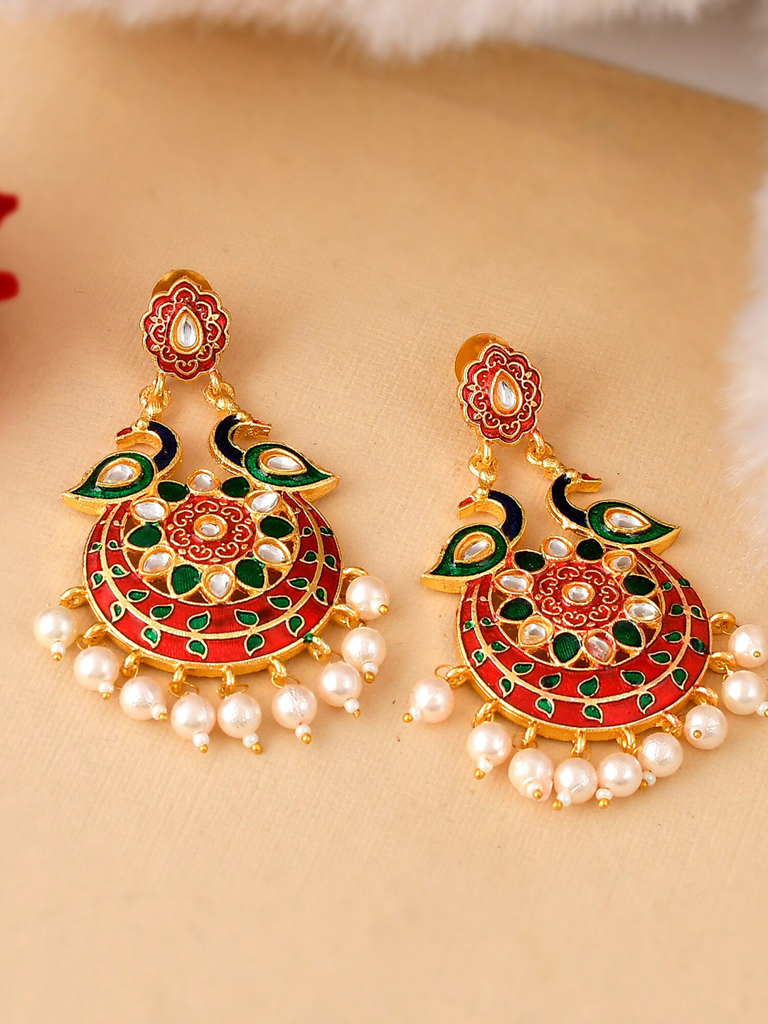 

DASTOOR Red & Green Gold Plated Contemporary Chandbalis Earrings