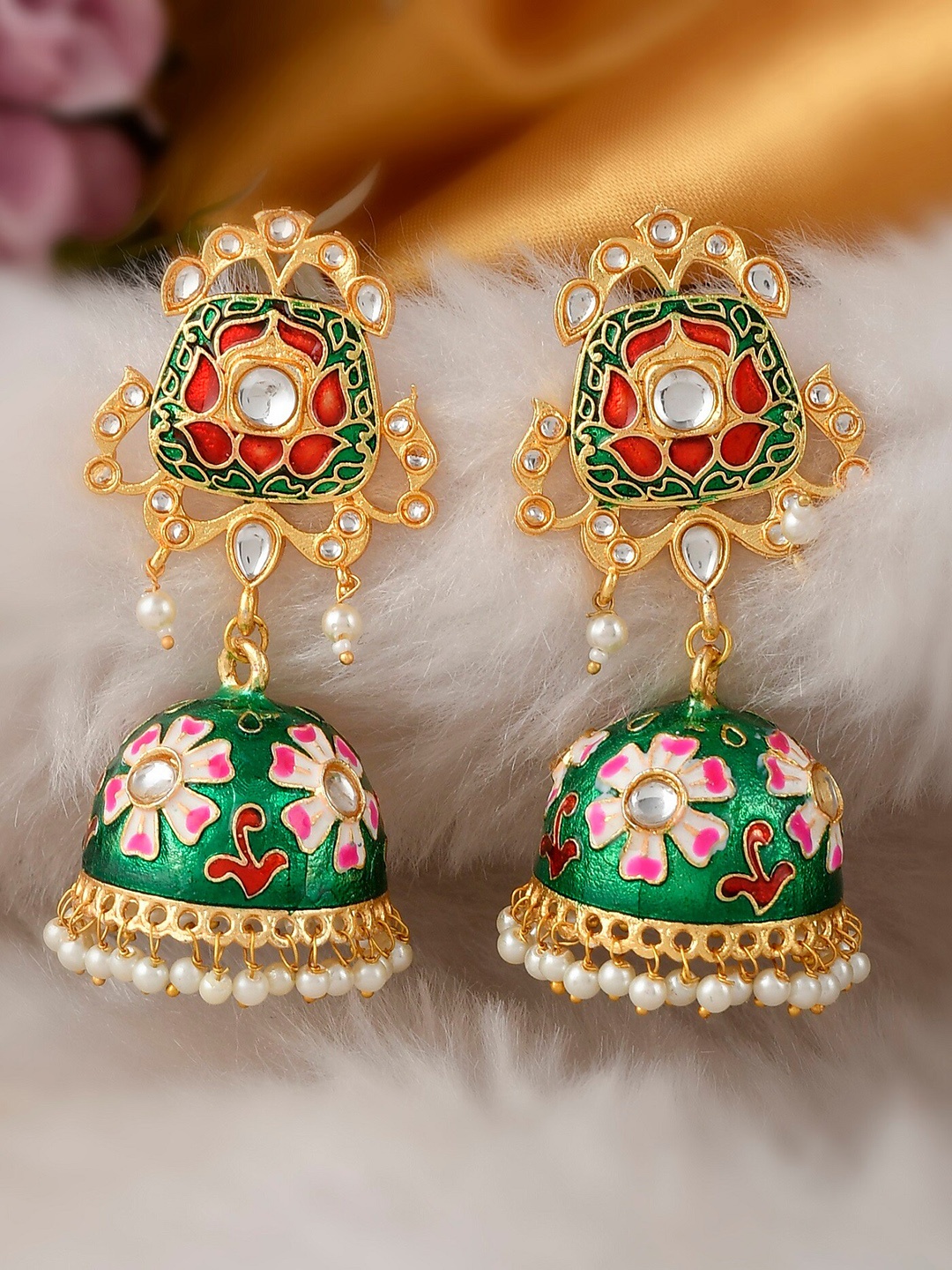 

DASTOOR Gold-Toned & Green Contemporary Jhumkas Earrings