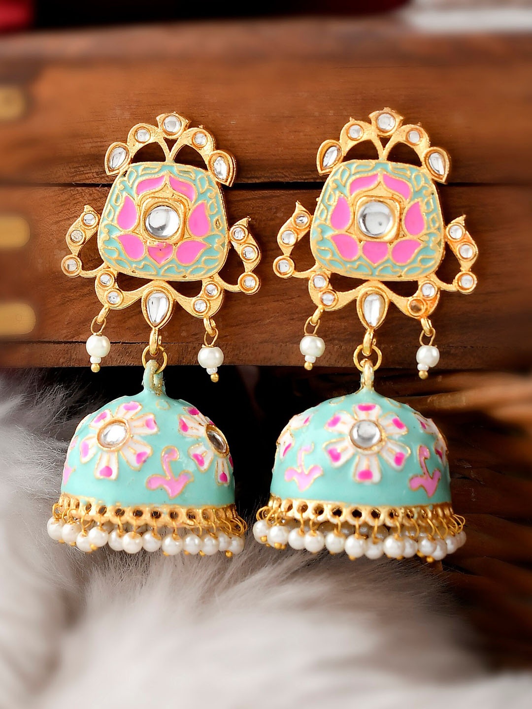 

DASTOOR Turquoise Blue & Pink Contemporary Jhumkas Earrings