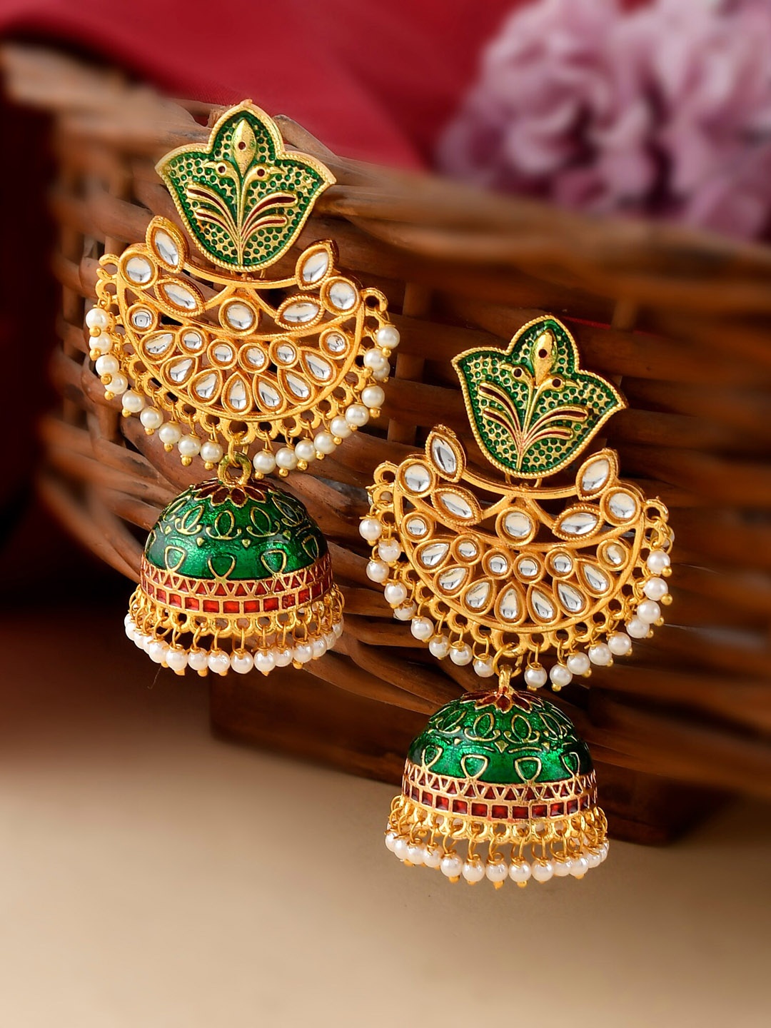 

DASTOOR Green & Gold Plated Contemporary Jhumkas Earrings