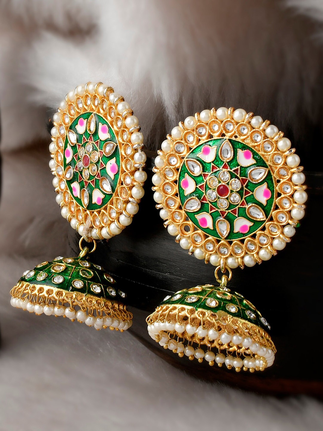 

DASTOOR Green & White Dome Shaped Meenakari Jhumkas Earrings