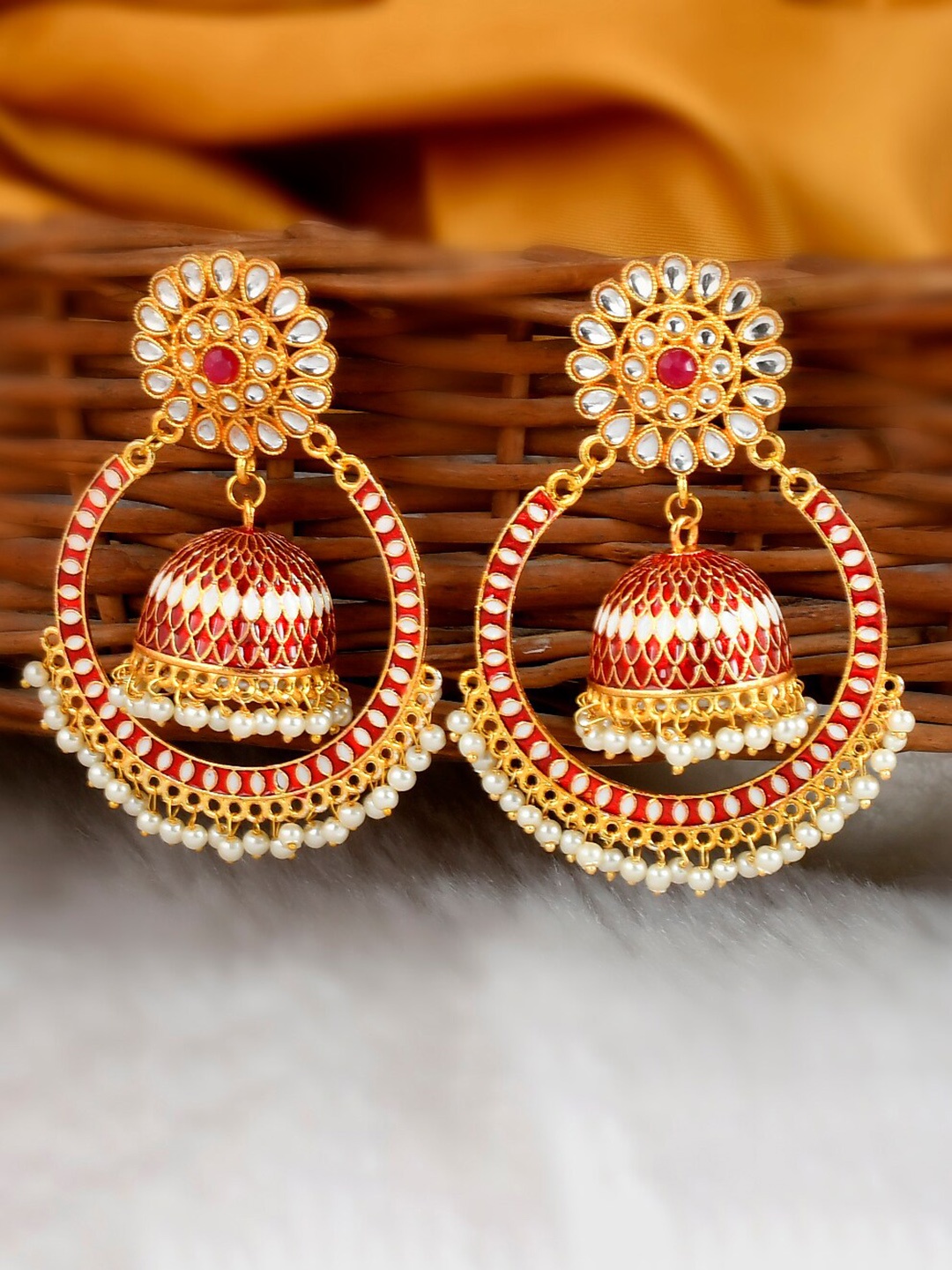 

DASTOOR Gold-Toned & Red Contemporary Drop Earrings