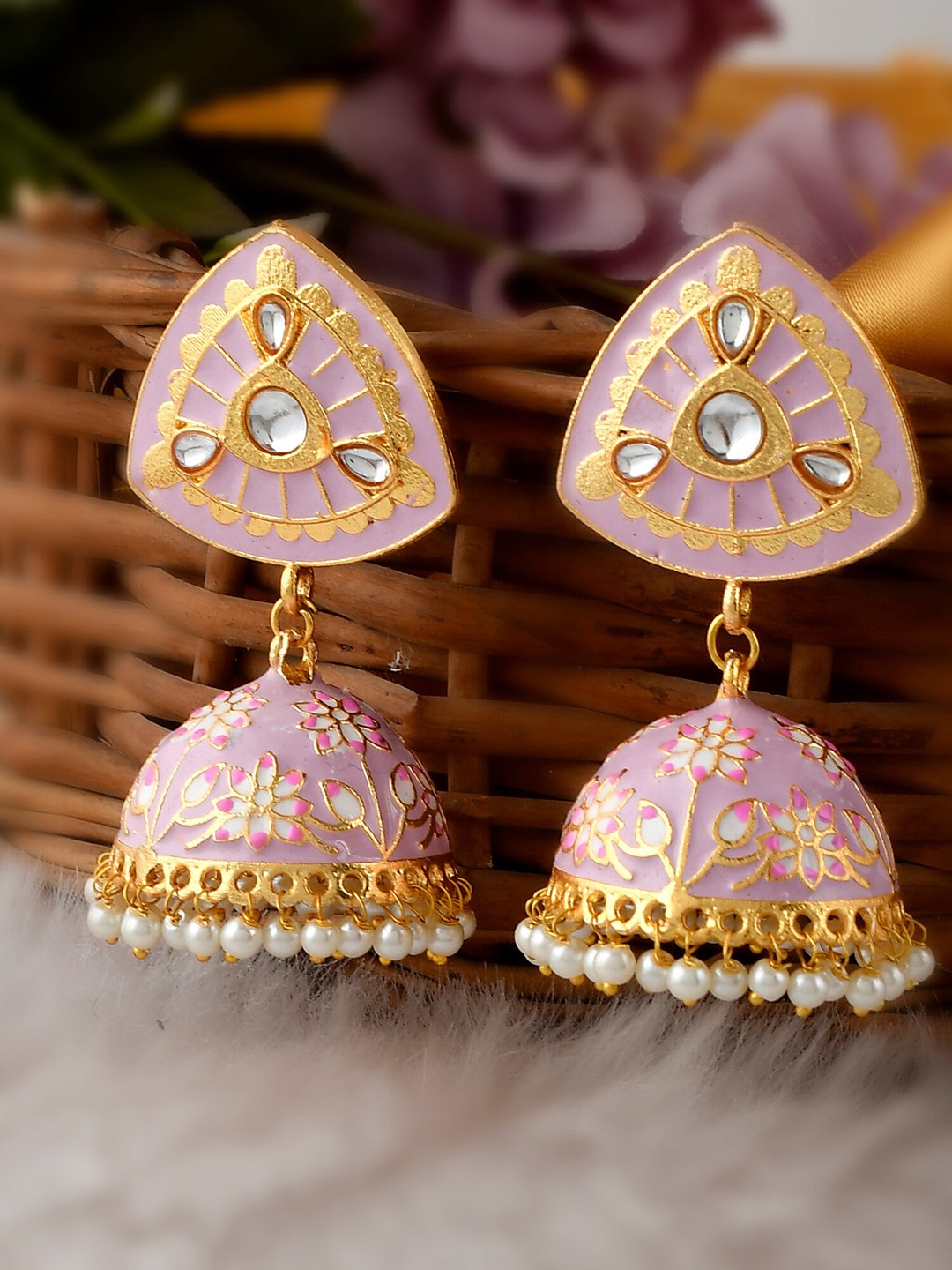 

DASTOOR Pink Gold-Plated Dome Shaped Jhumkas Earrings