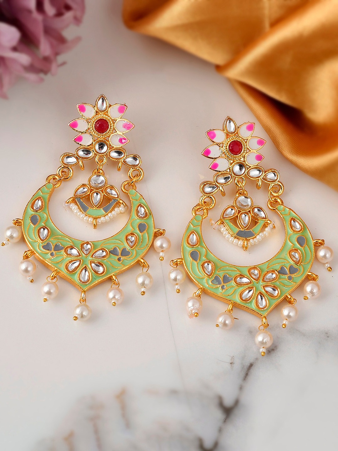 

DASTOOR Green & Pink Gold Plated Contemporary Chandbalis Earrings