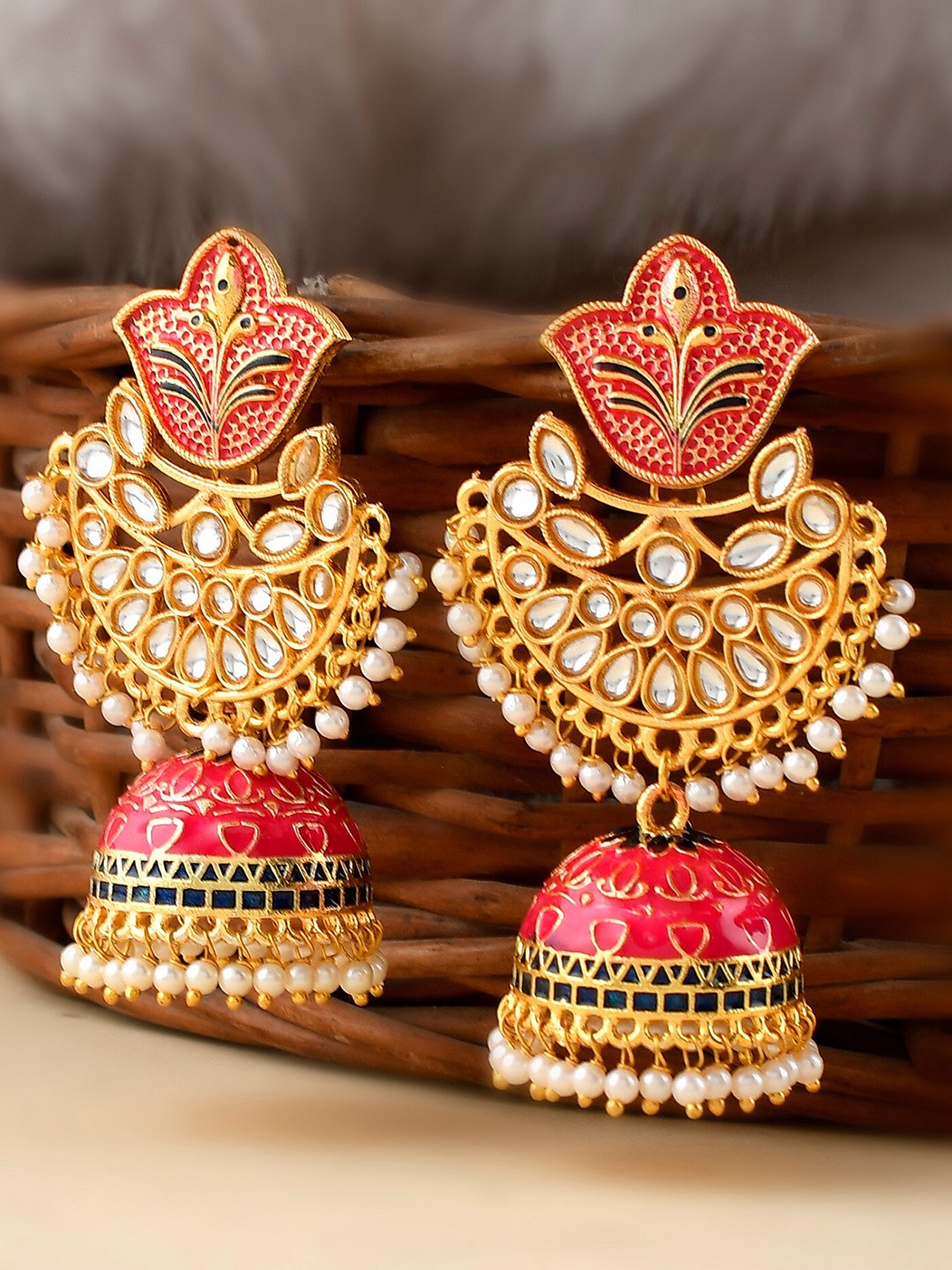 

DASTOOR Gold-Toned & Red Contemporary Jhumkas Earrings