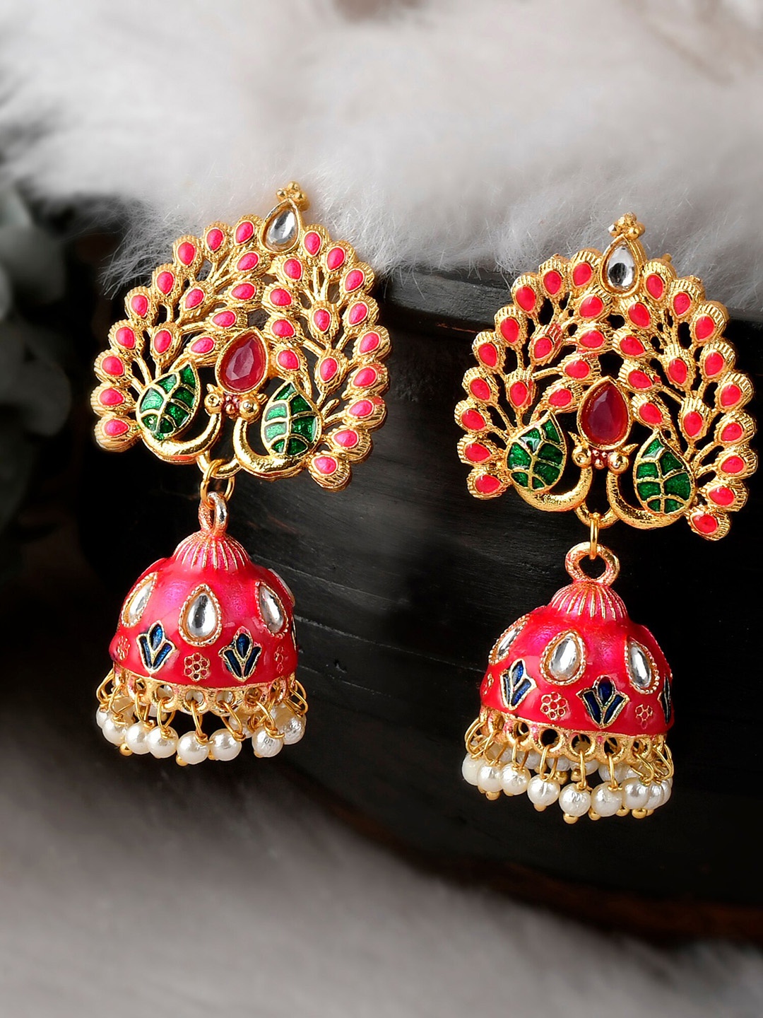

DASTOOR Red & Green Gold-Plated Contemporary Jhumkas Earrings