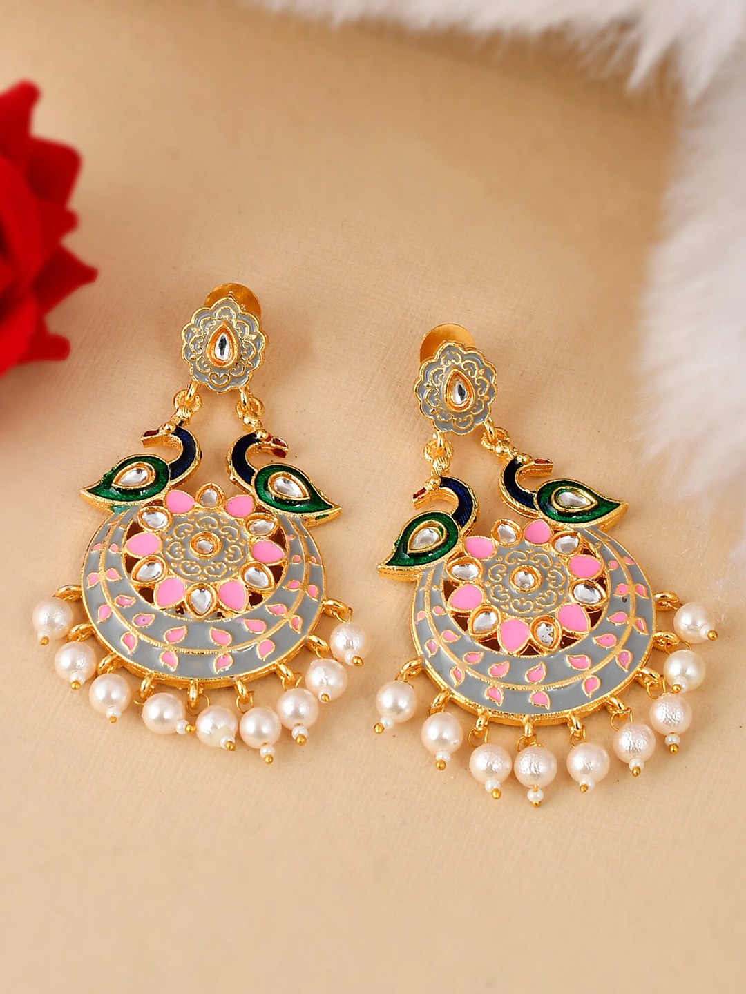 

DASTOOR Pink & Green Gold-Plated Contemporary Chandbalis Earrings