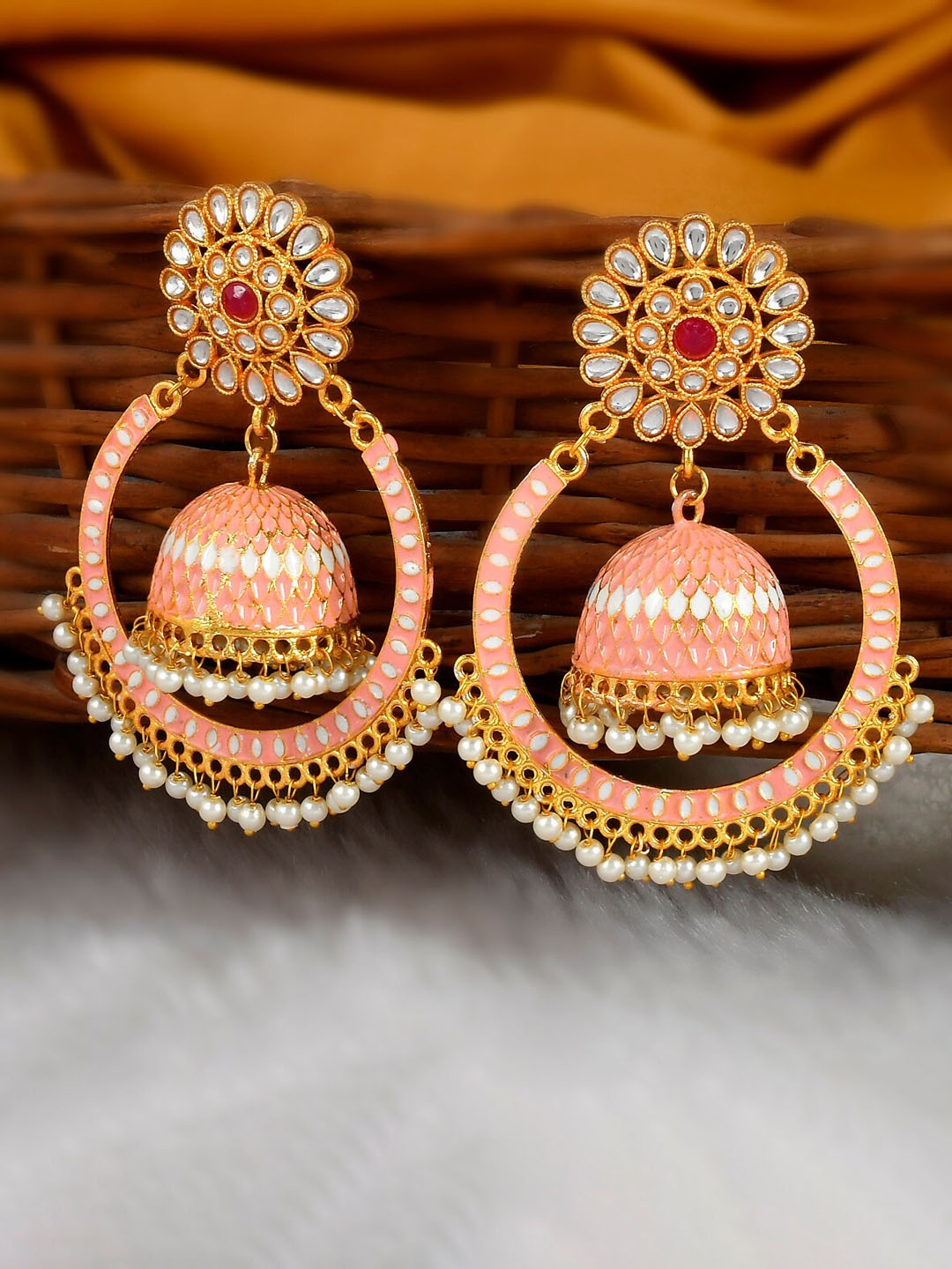 

DASTOOR Gold-Toned & Peach-Coloured Contemporary Jhumkas Earrings