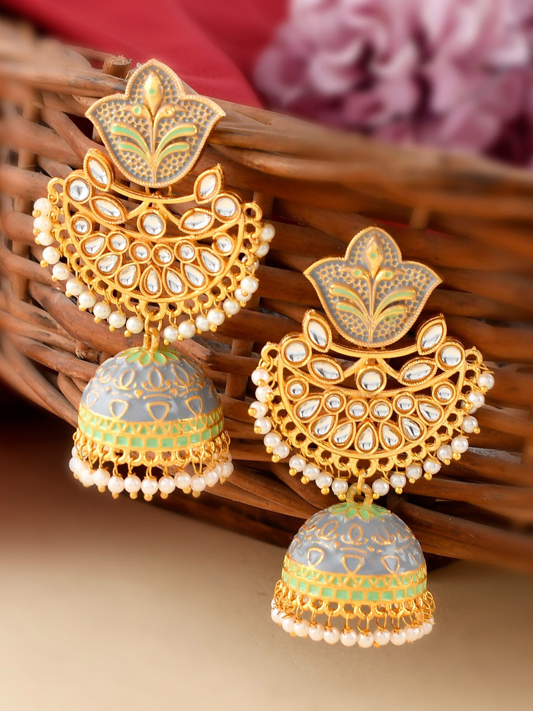 

DASTOOR Grey & Gold Plated Contemporary Jhumkas Earrings