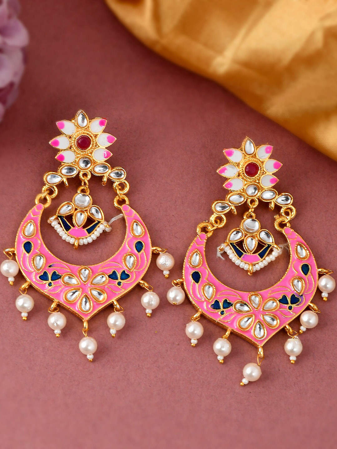 

DASTOOR Pink & Gold Plated Contemporary Chandbalis Earrings