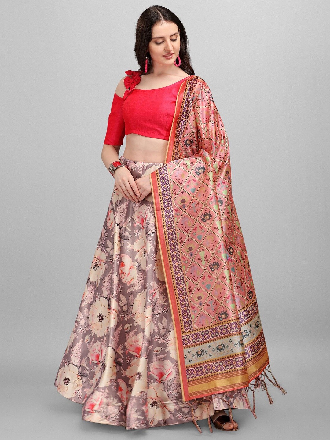 

Fashion Basket Grey & Pink Printed Semi-Stitched Lehenga & Unstitched Blouse With Dupatta