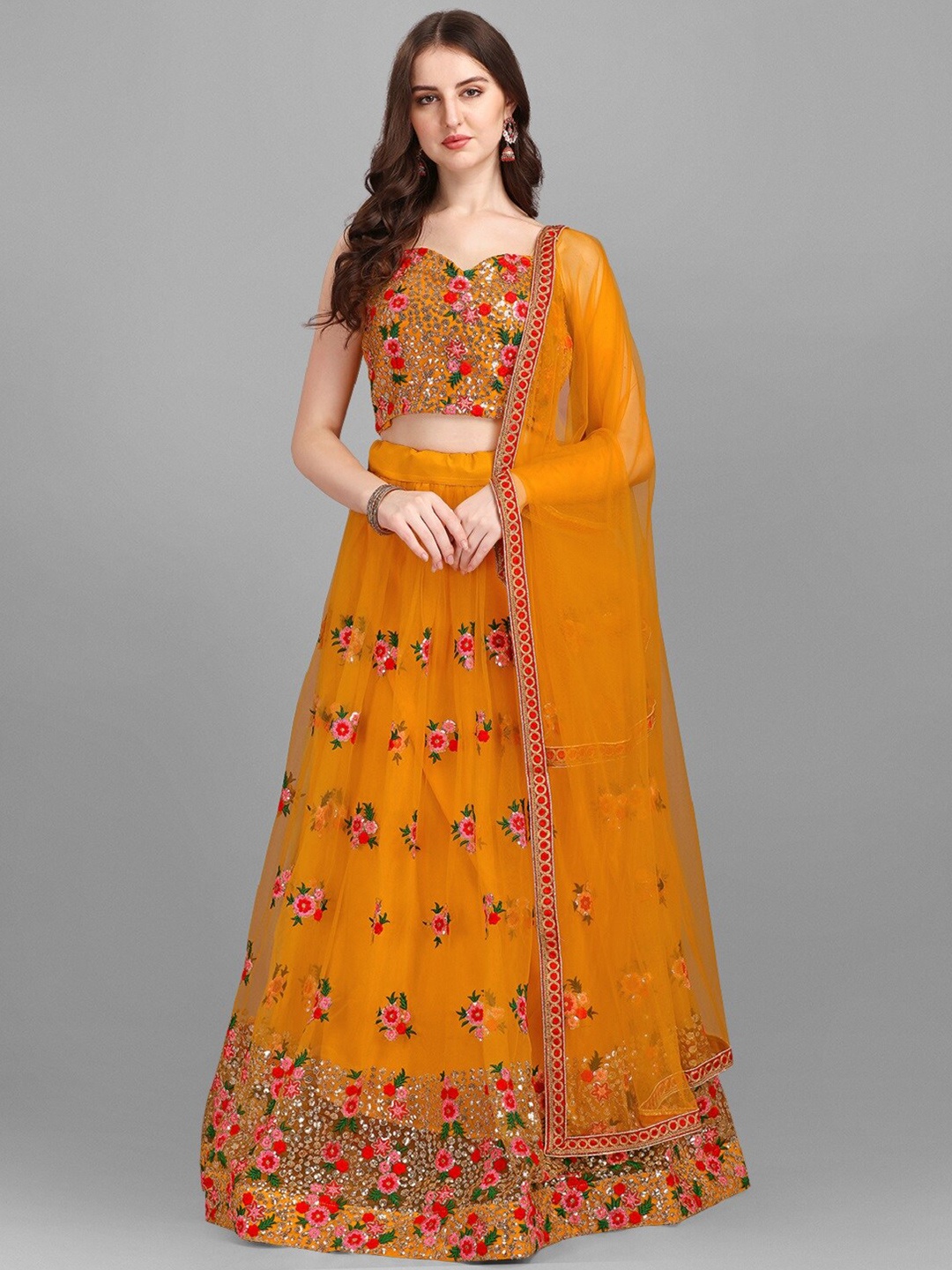 

Fashion Basket Yellow & Pink Embroidered Semi-Stitched Lehenga & Unstitched Blouse With Dupatta