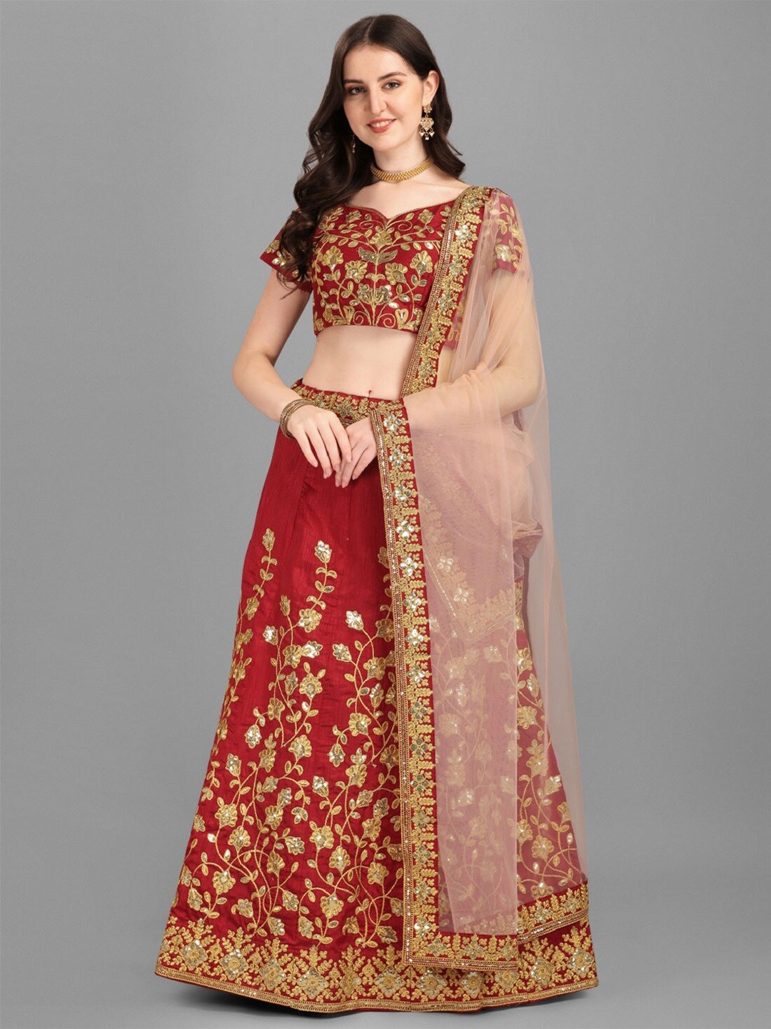 

Fashion Basket Maroon & Gold-Toned Embroidered Semi-Stitched Lehenga & Unstitched Blouse With Dupatta